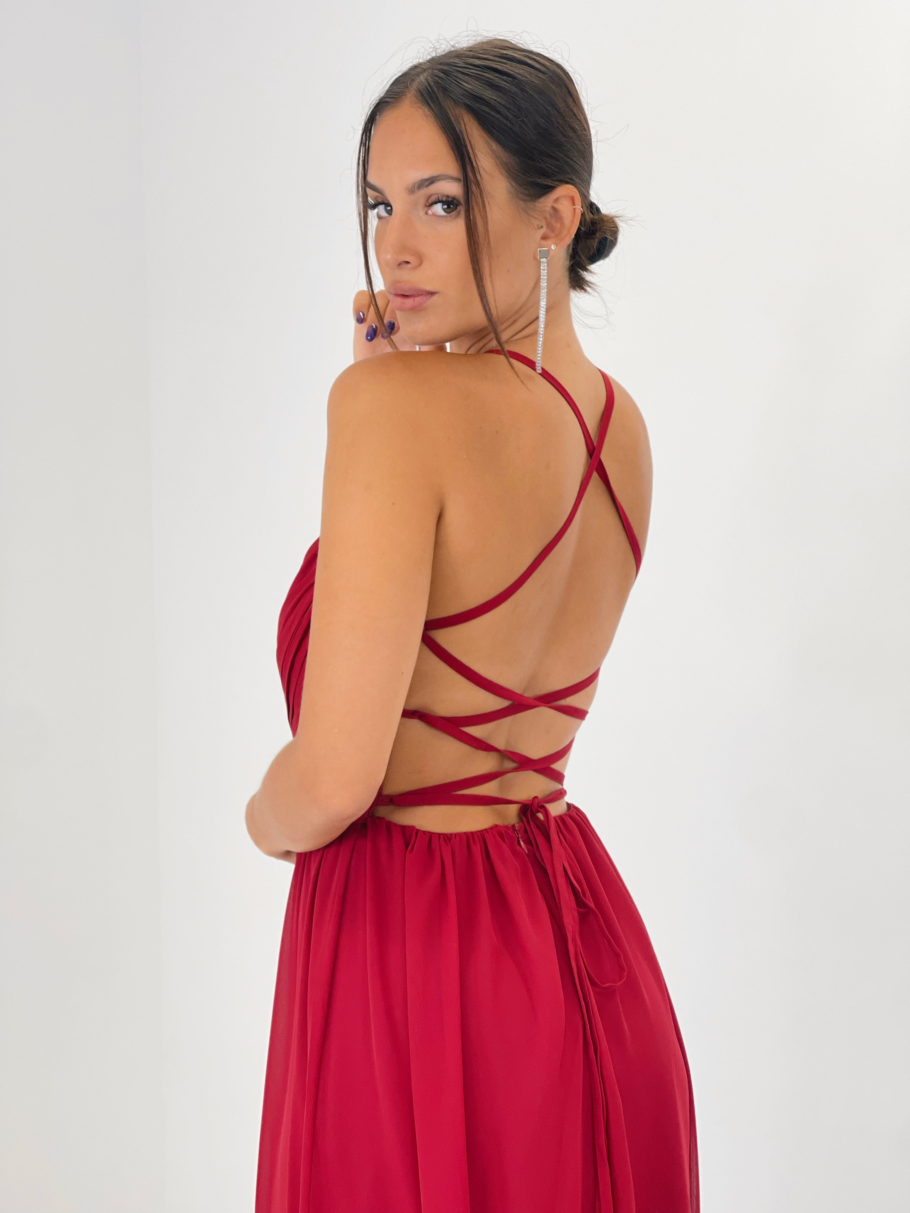 Vestido de ceremonia con escote cruzado y espalda cruzada granate | Zebra&Maduixa