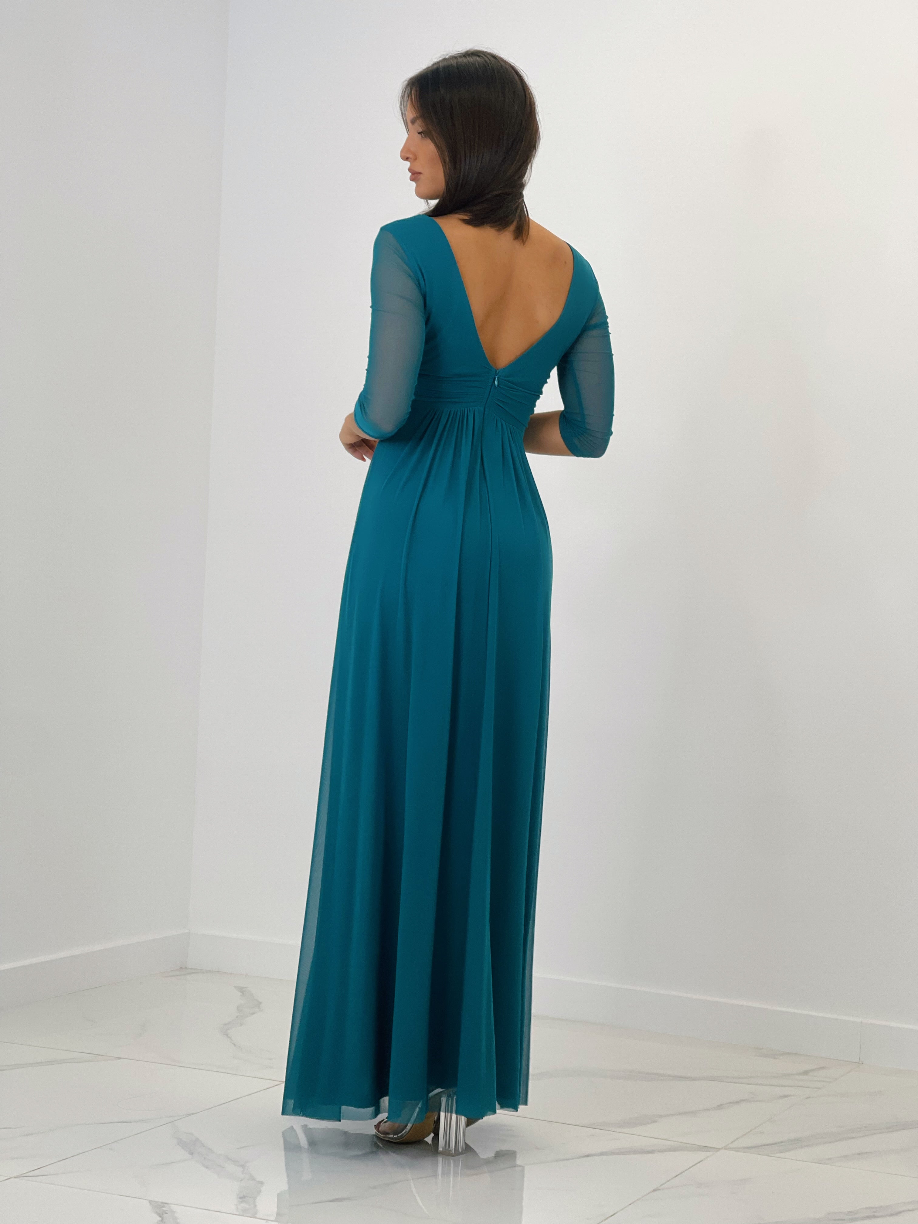 Vestido ceremonia manga larga de tul petroleo | Zebra&Maduixa