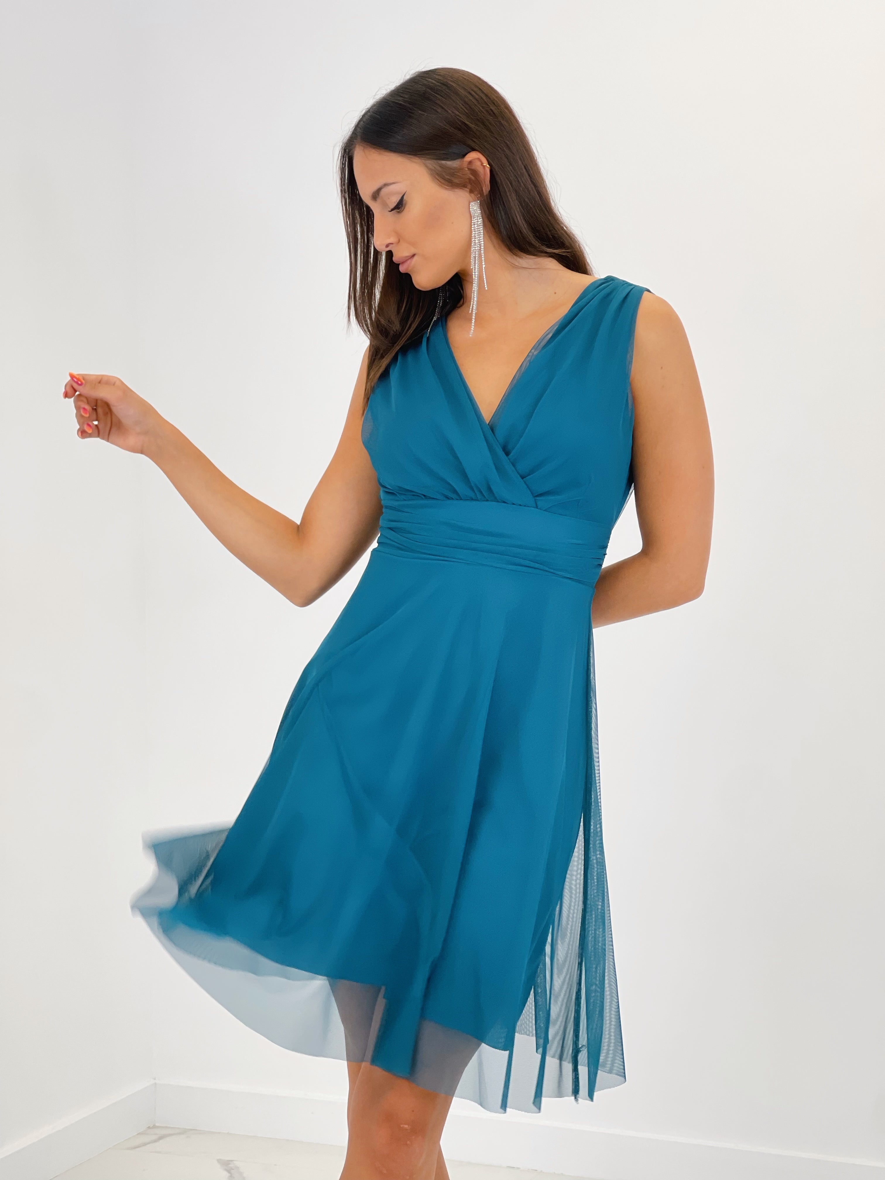 Vestido corto de tul con cinturón color petroleo | Zebra&Maduixa