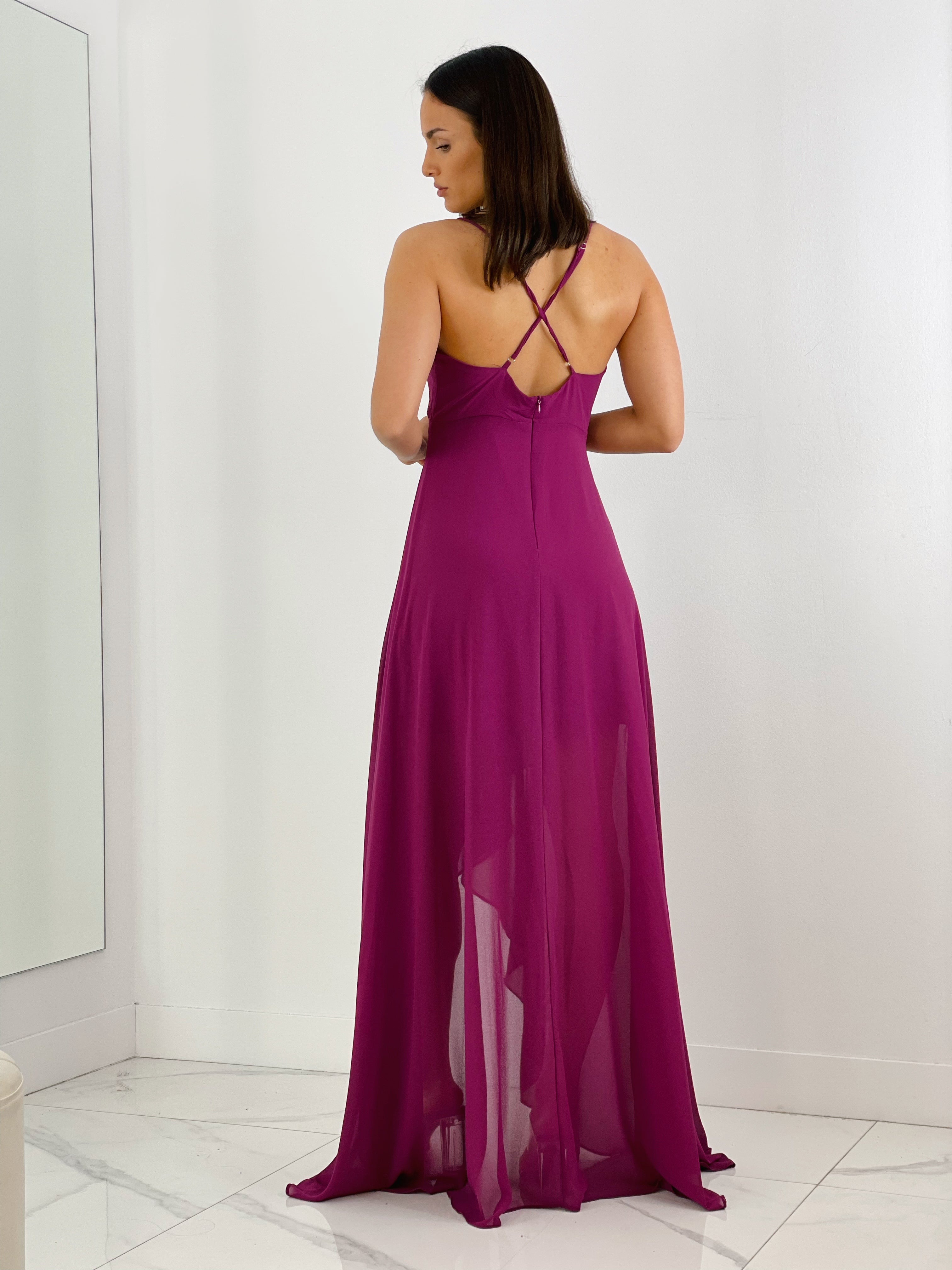 Vestido de ceremonia de escote cruzado y espalda cruzada color buganvilla | Zebra&Maduixa