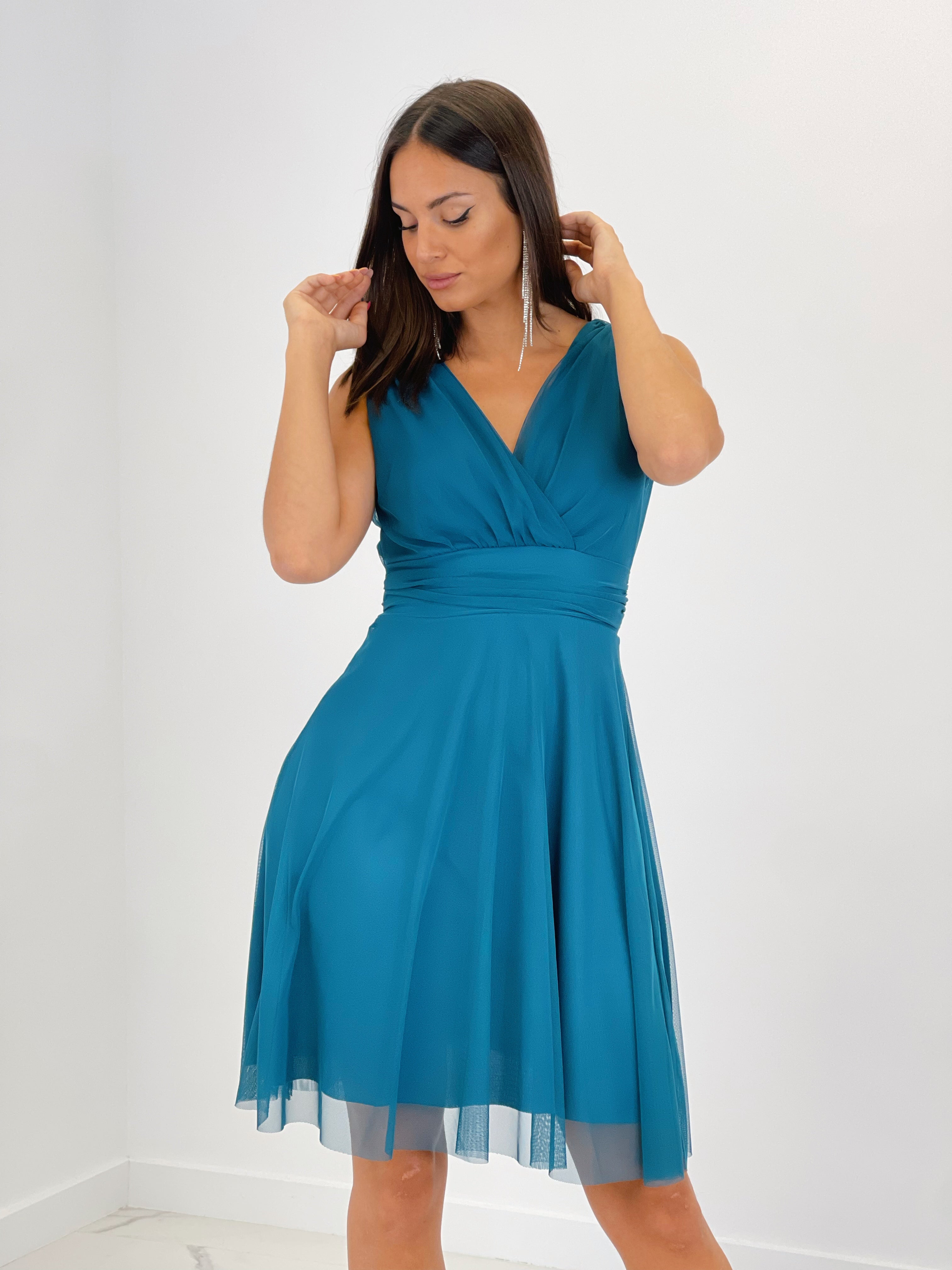 Vestido corto de tul con cinturón color petroleo | Zebra&Maduixa