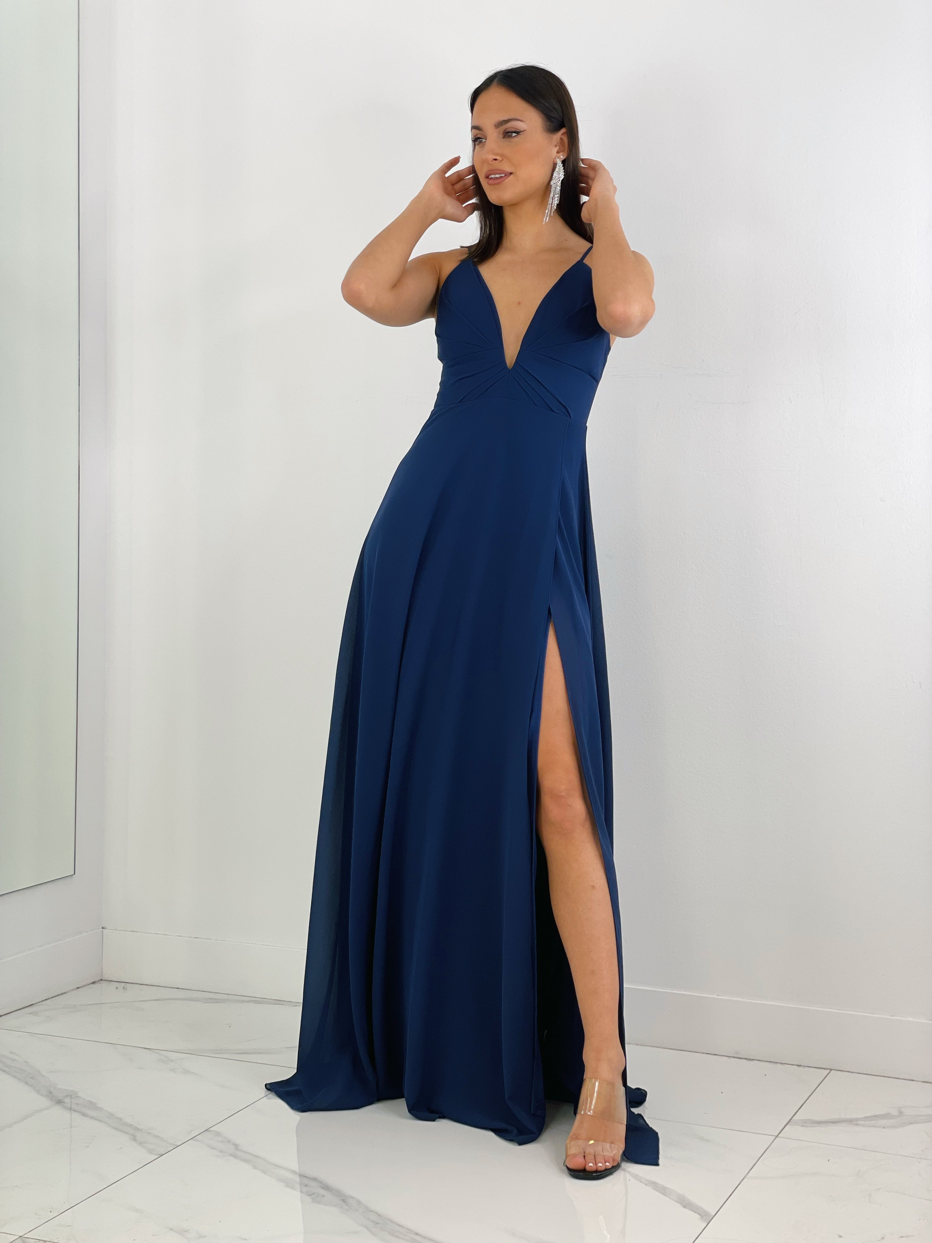 Vestido ceremonia escote v con corte azul marino | Zebra&Maduixa