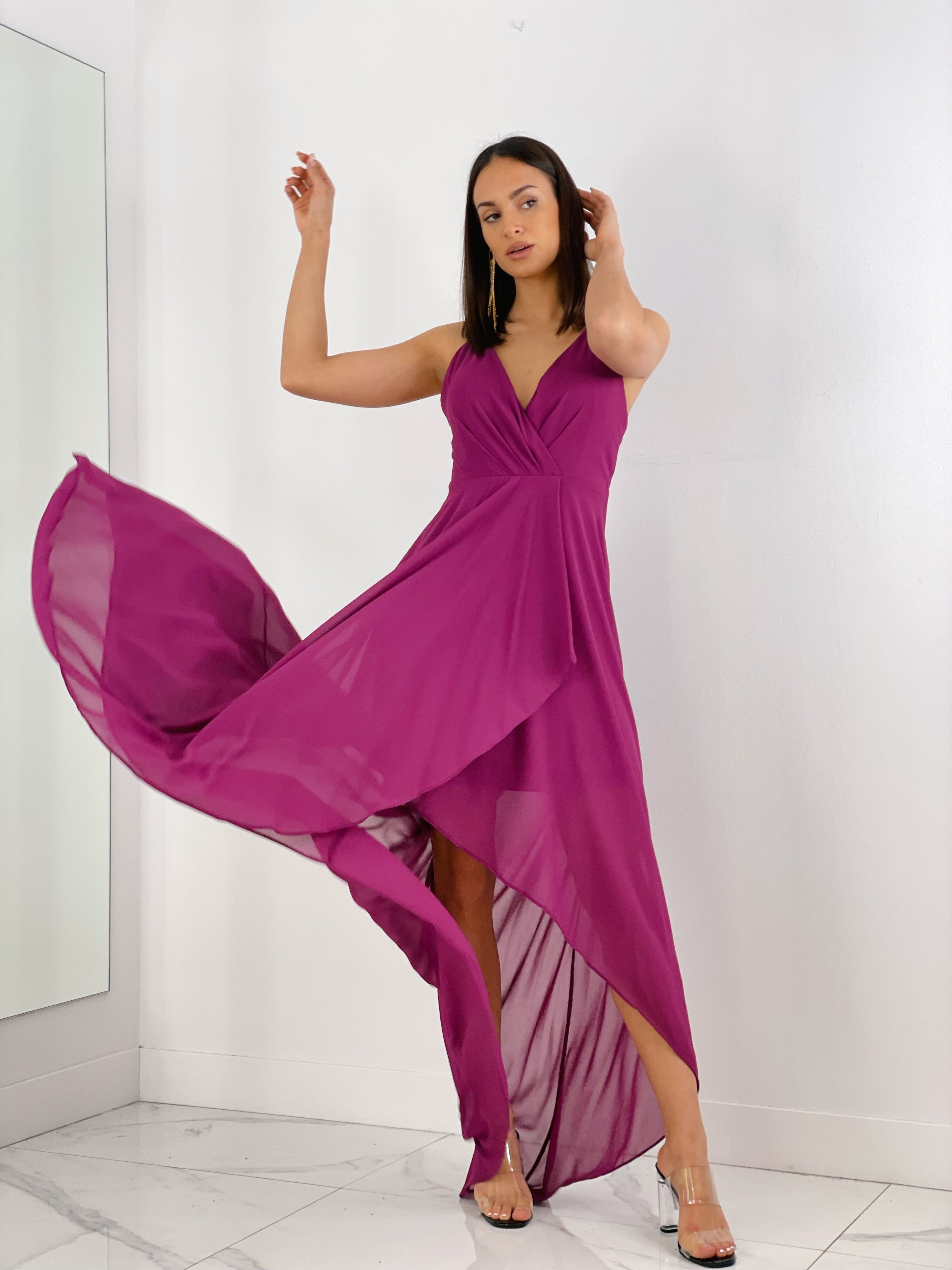 Vestido de ceremonia de escote cruzado y espalda cruzada color buganvilla | Zebra&Maduixa