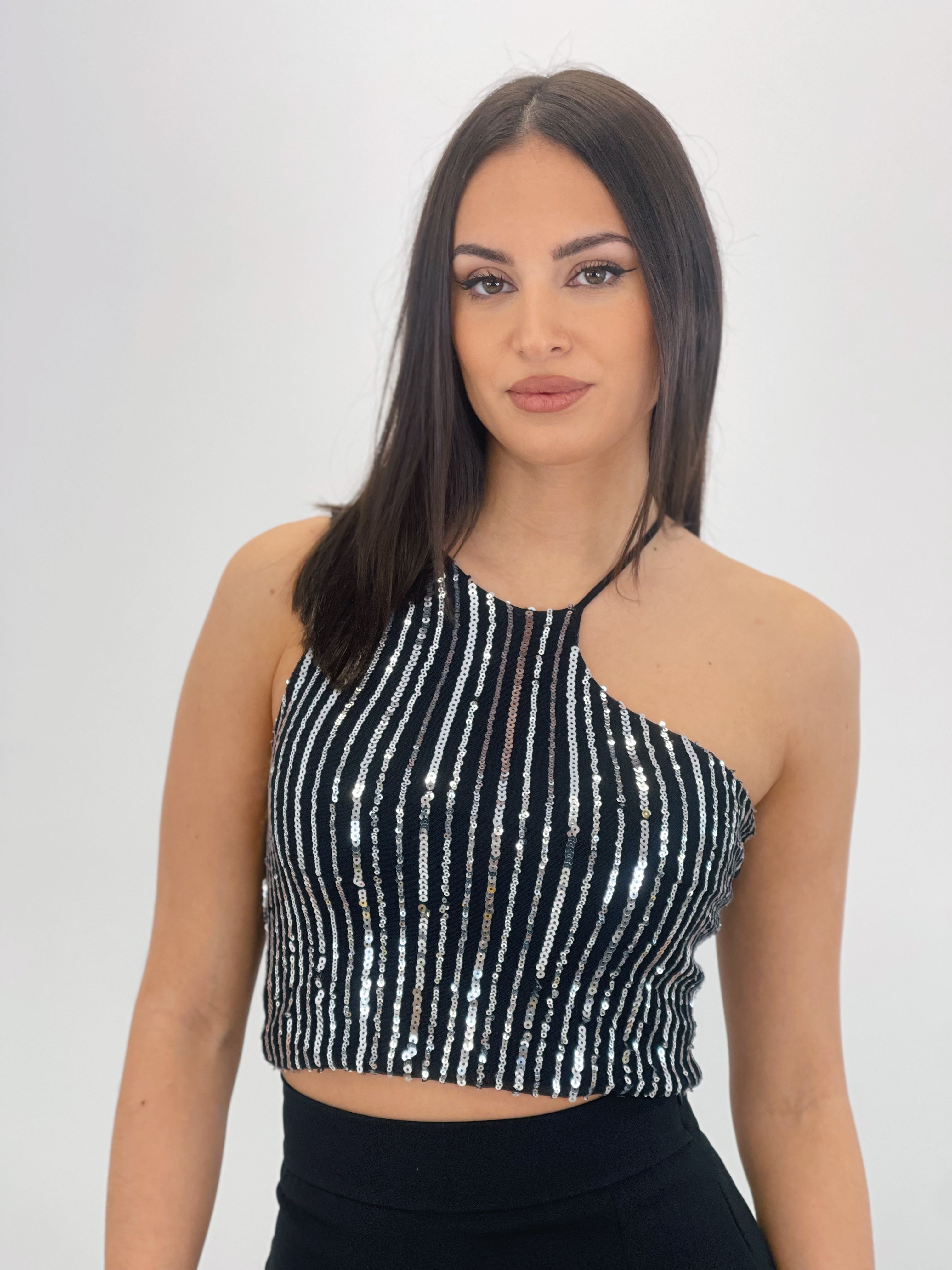 Asymmetric sequin top