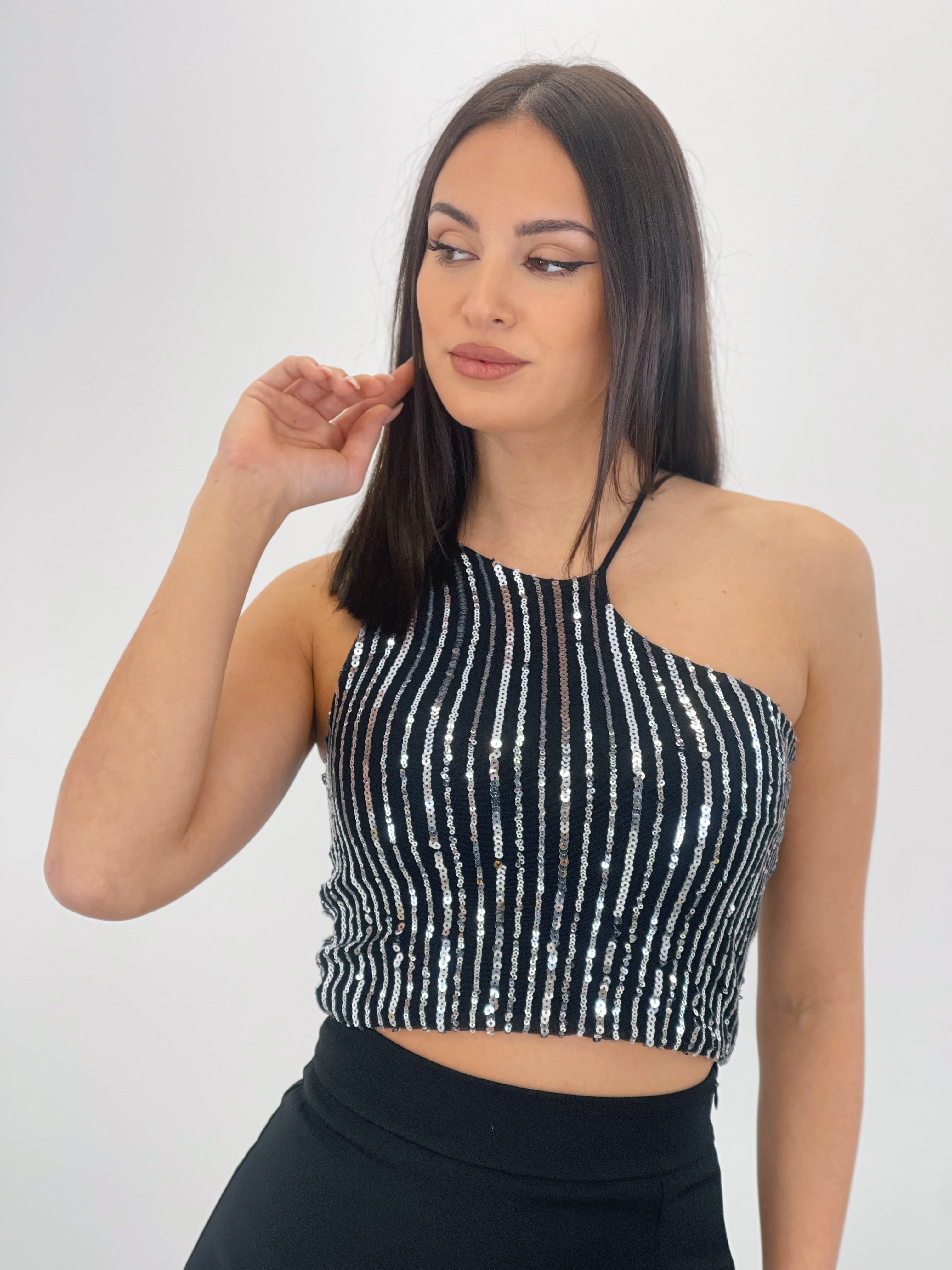 Asymmetric sequin top