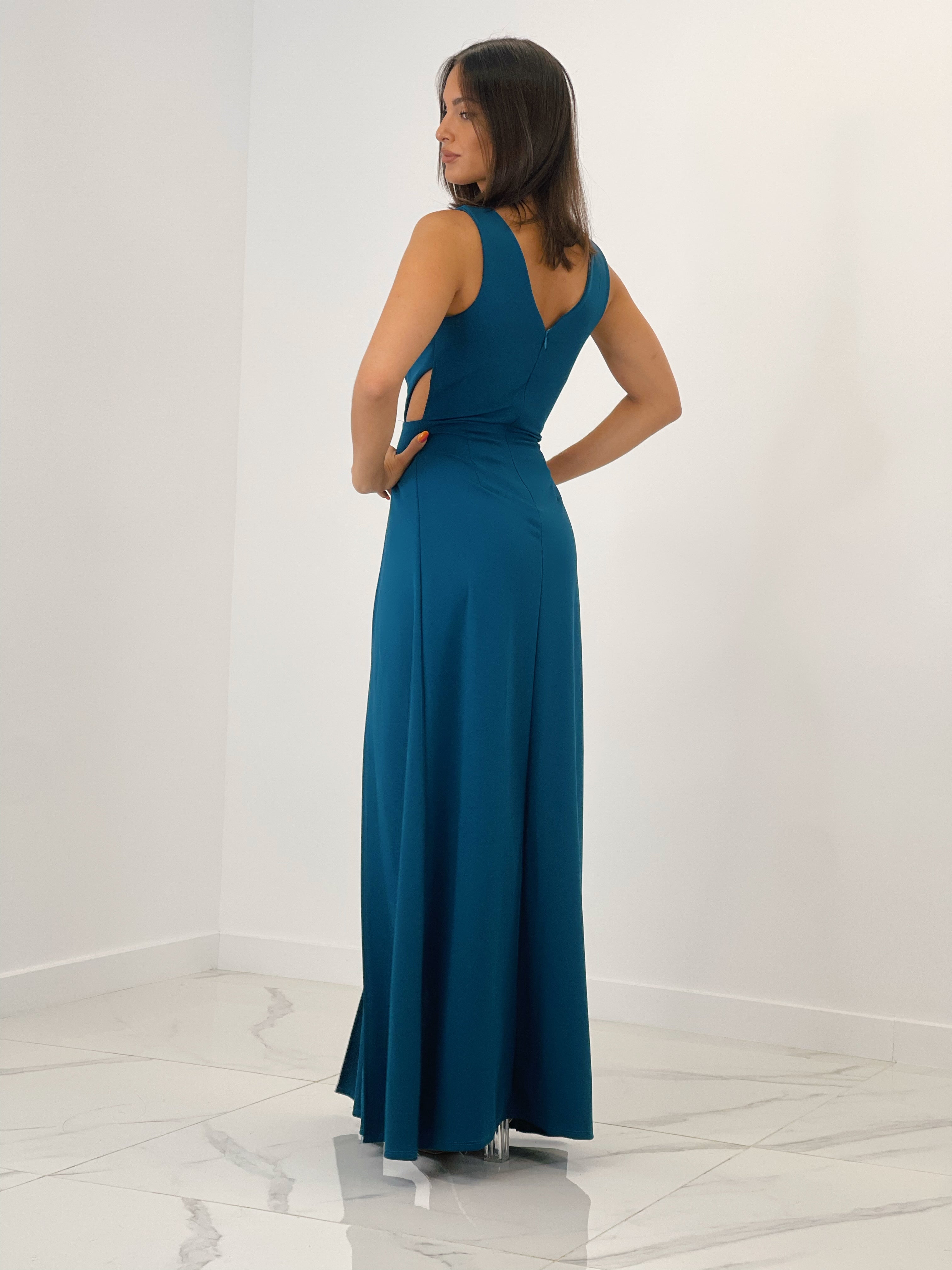 Vestido largo con escote cruzado en pico y tela plisada petroleo | Zebra&Maduixa