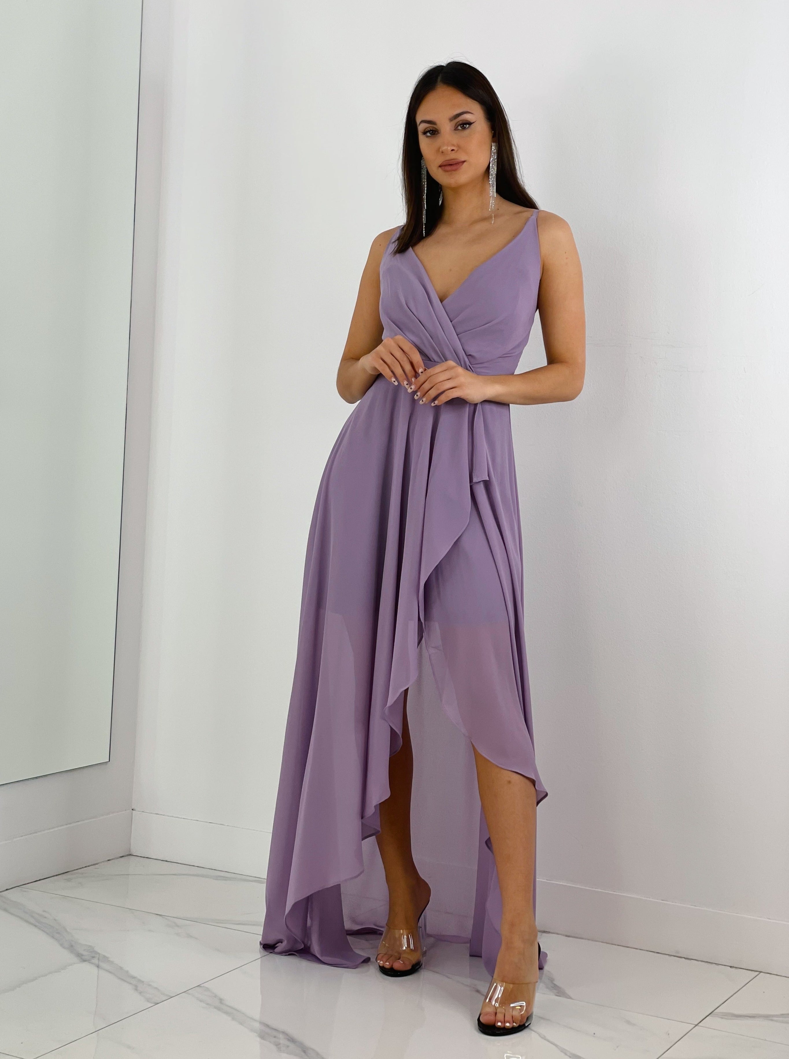 Vestido ceremonia con escote cruzado y fruncido en la parte trasera color malva | Zebra&Maduixa