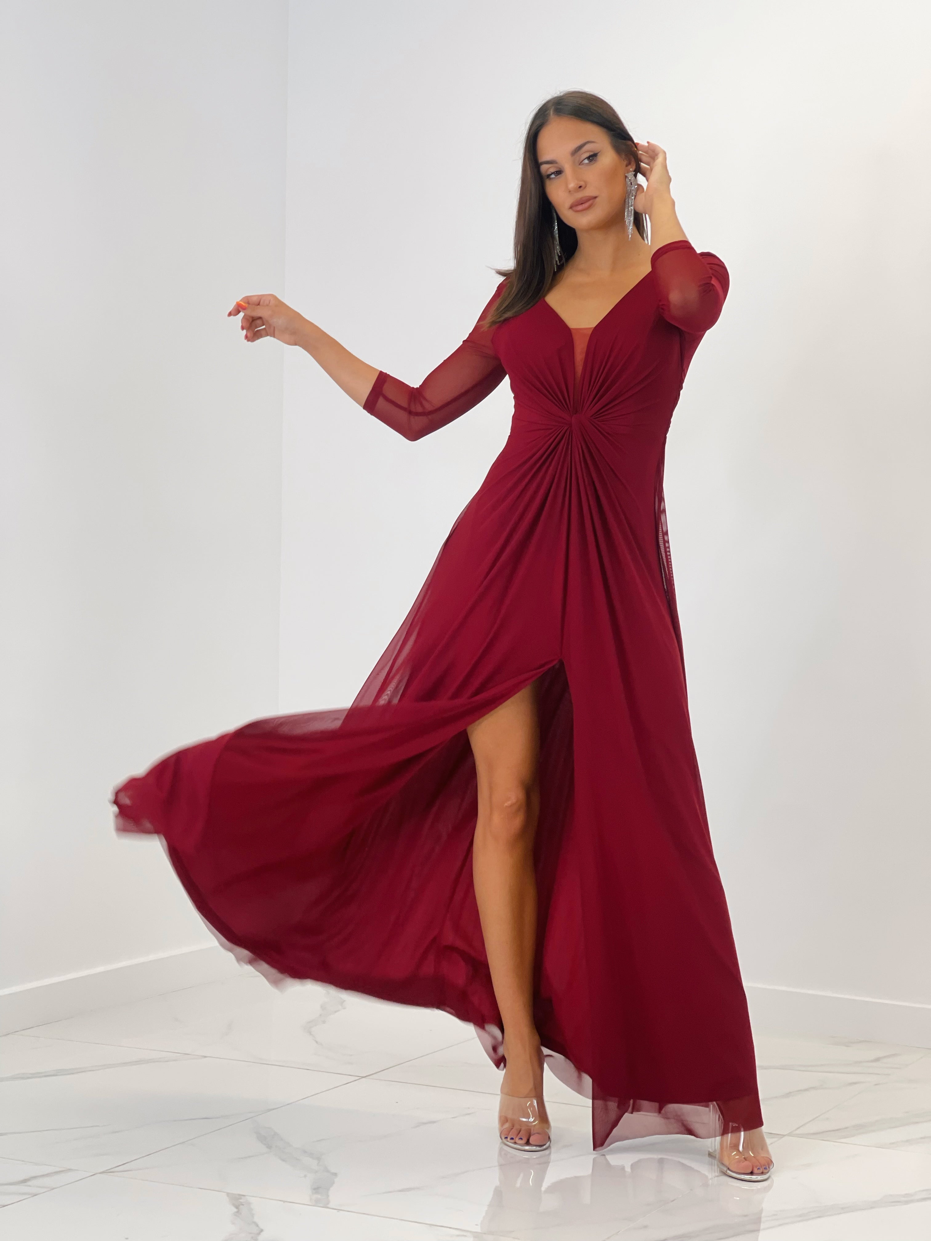 Vestido ceremonia manga larga de tul cereza | Zebra&Maduixa