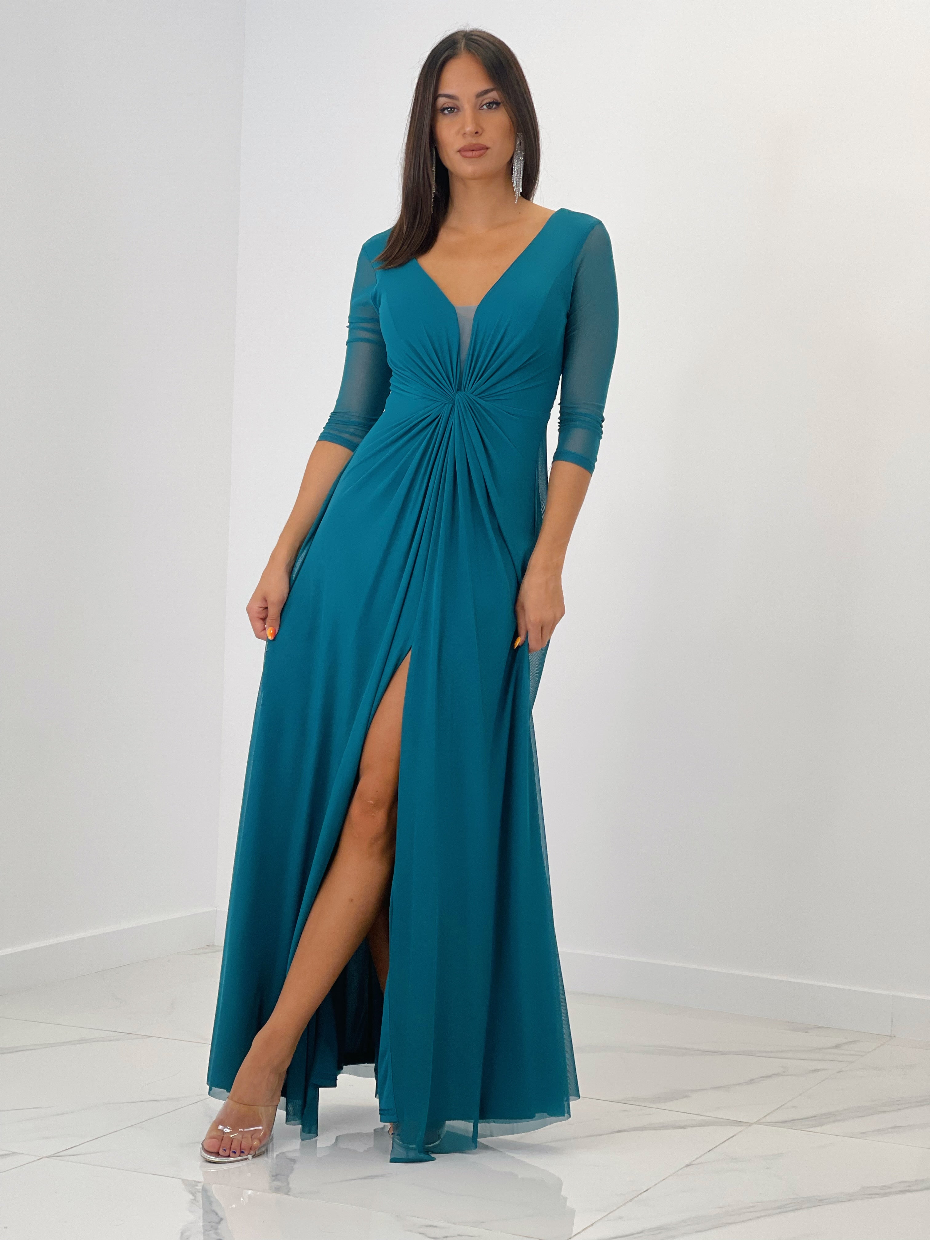 Vestido ceremonia manga larga de tul petroleo | Zebra&Maduixa