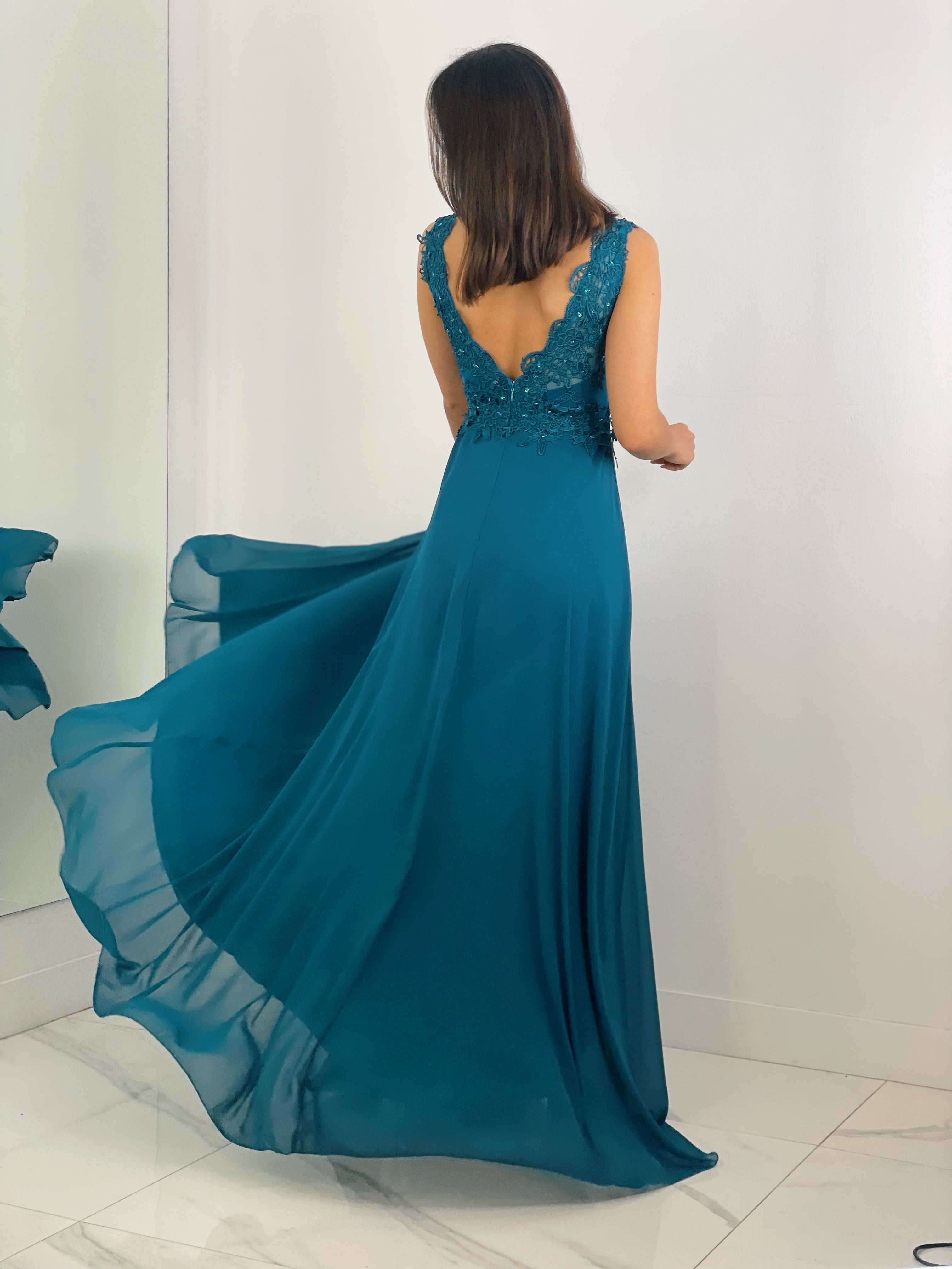 Vestido de ceremonia color petroleo con bordados | Zebra&Maduixa