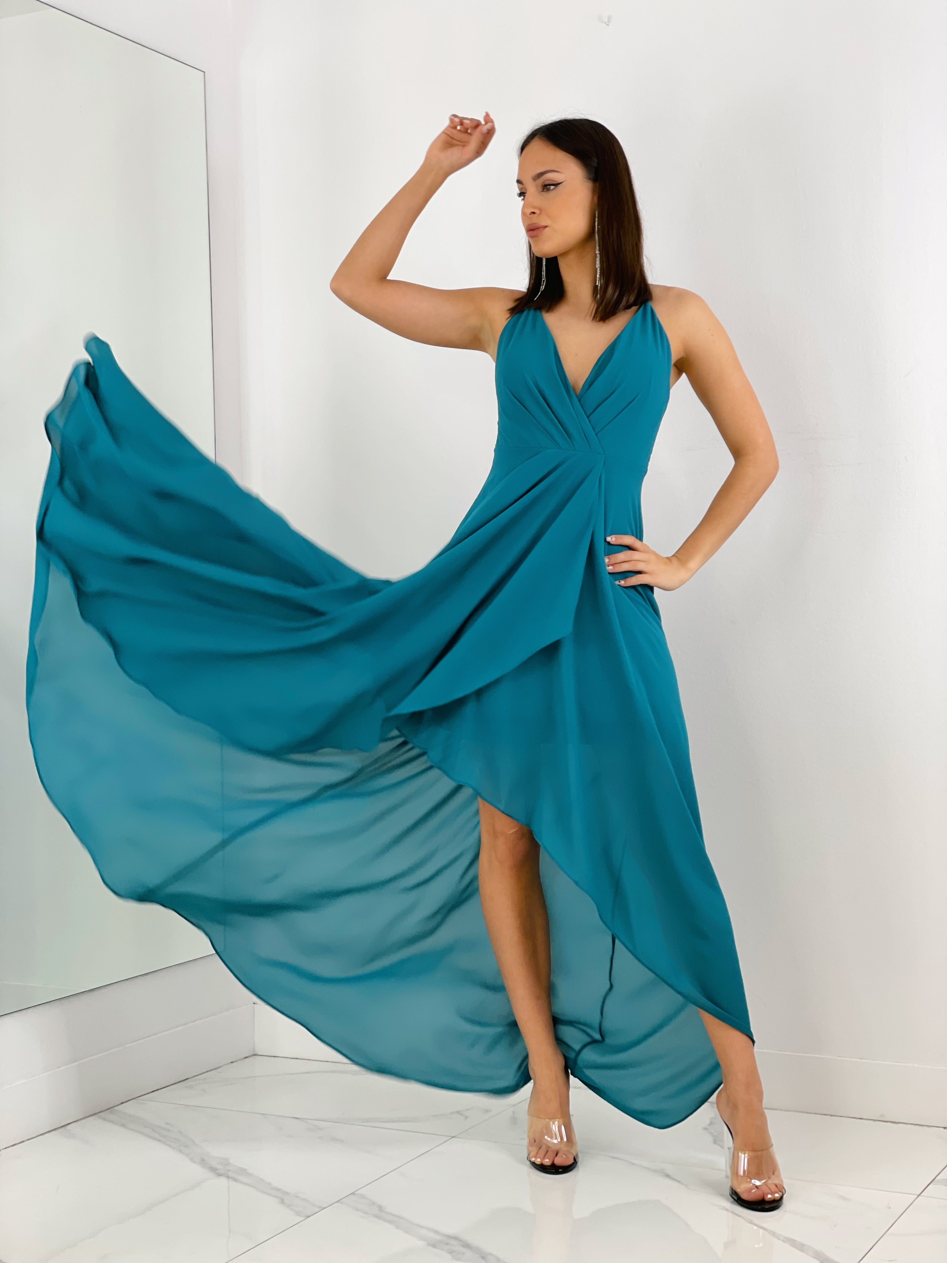 Vestido de ceremonia de escote cruzado y espalda cruzada color petróleo | Zebra&Maduixa