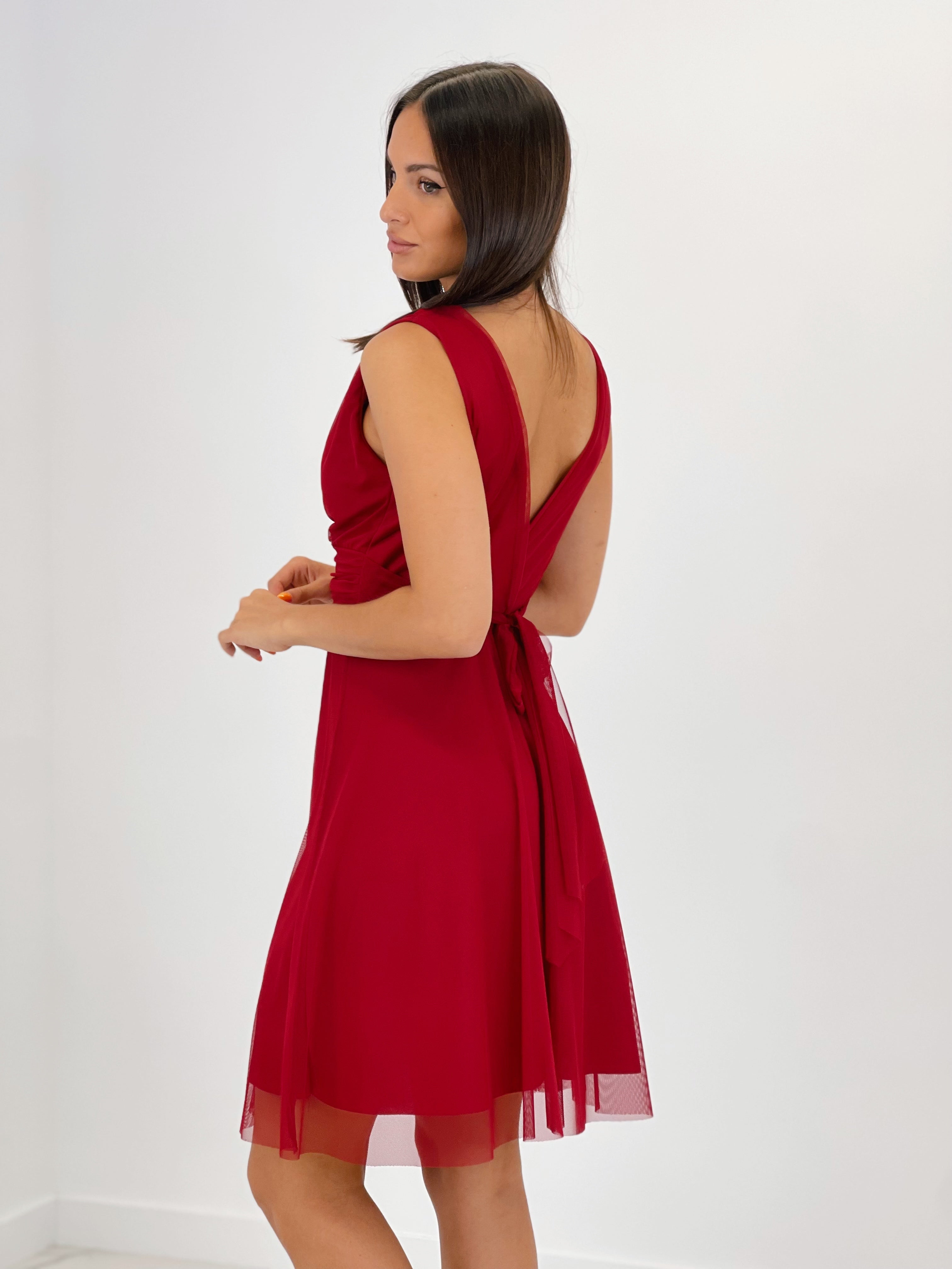 Vestido corto de tul con cinturón color granate | Zebra&Maduixa