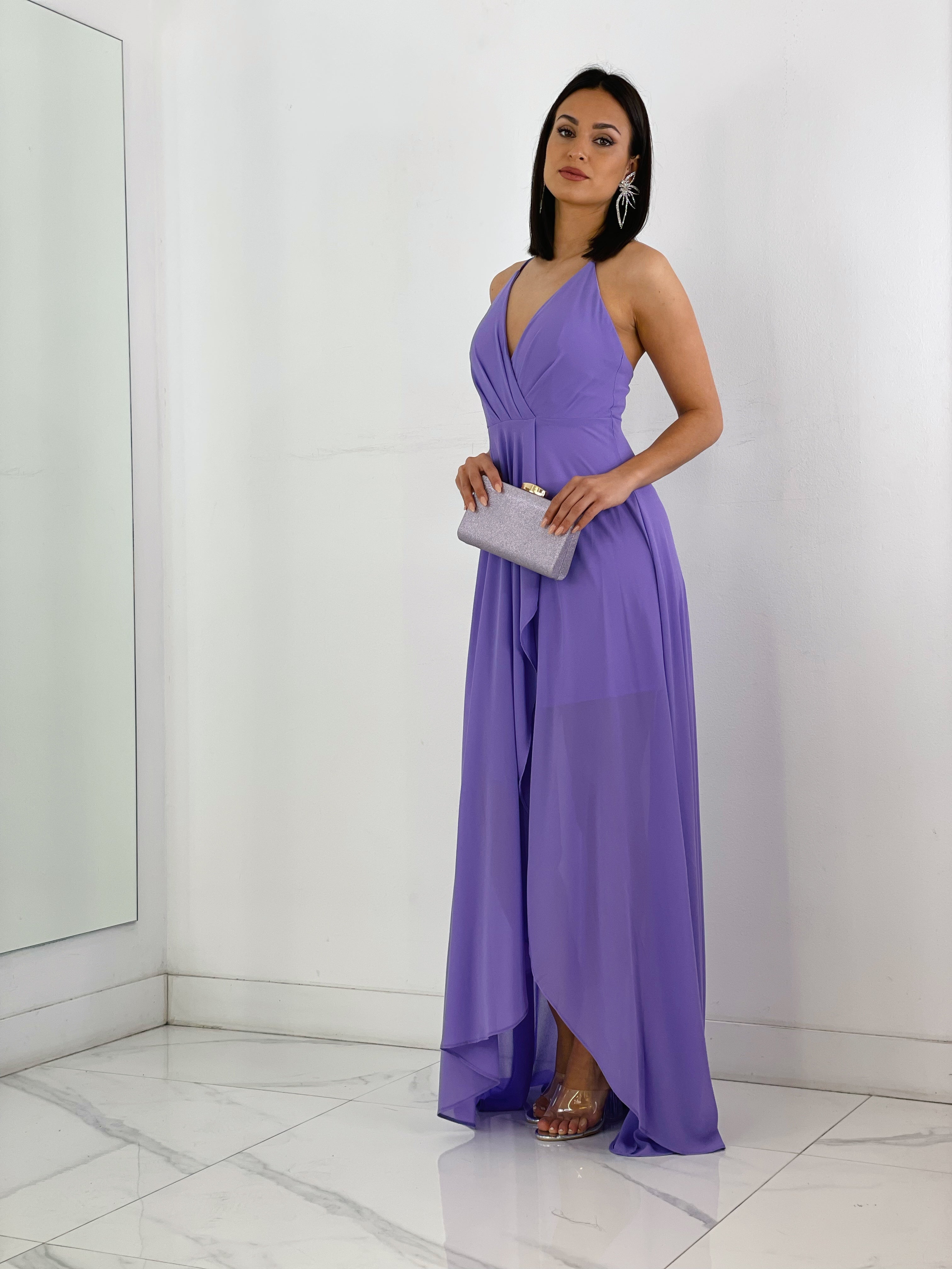 Vestido de ceremonia de escote cruzado y espalda cruzada color lila | Zebra&Maduixa