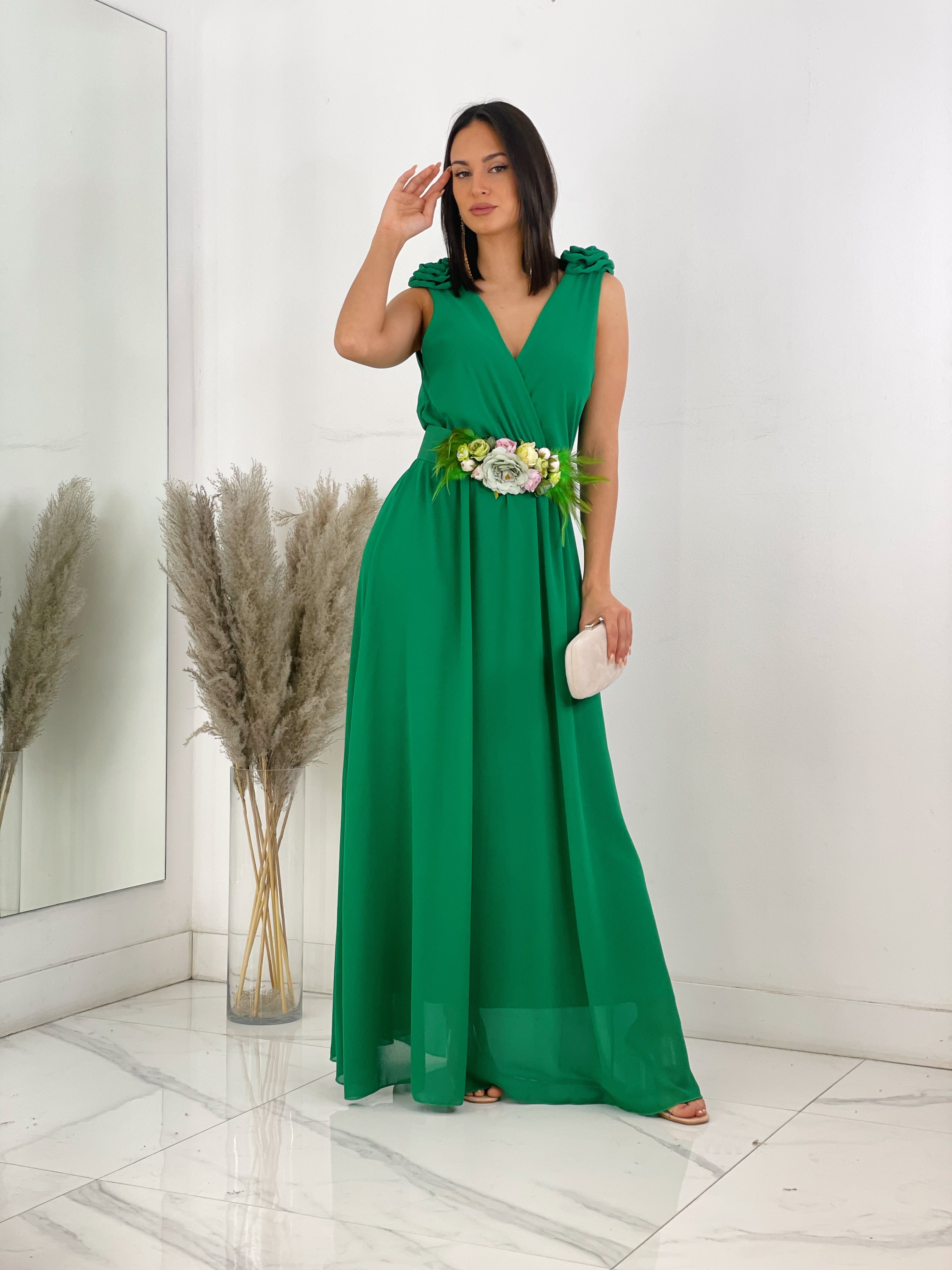 Vestido ceremonia con flores en los hombros color verde | Zebra&Maduixa