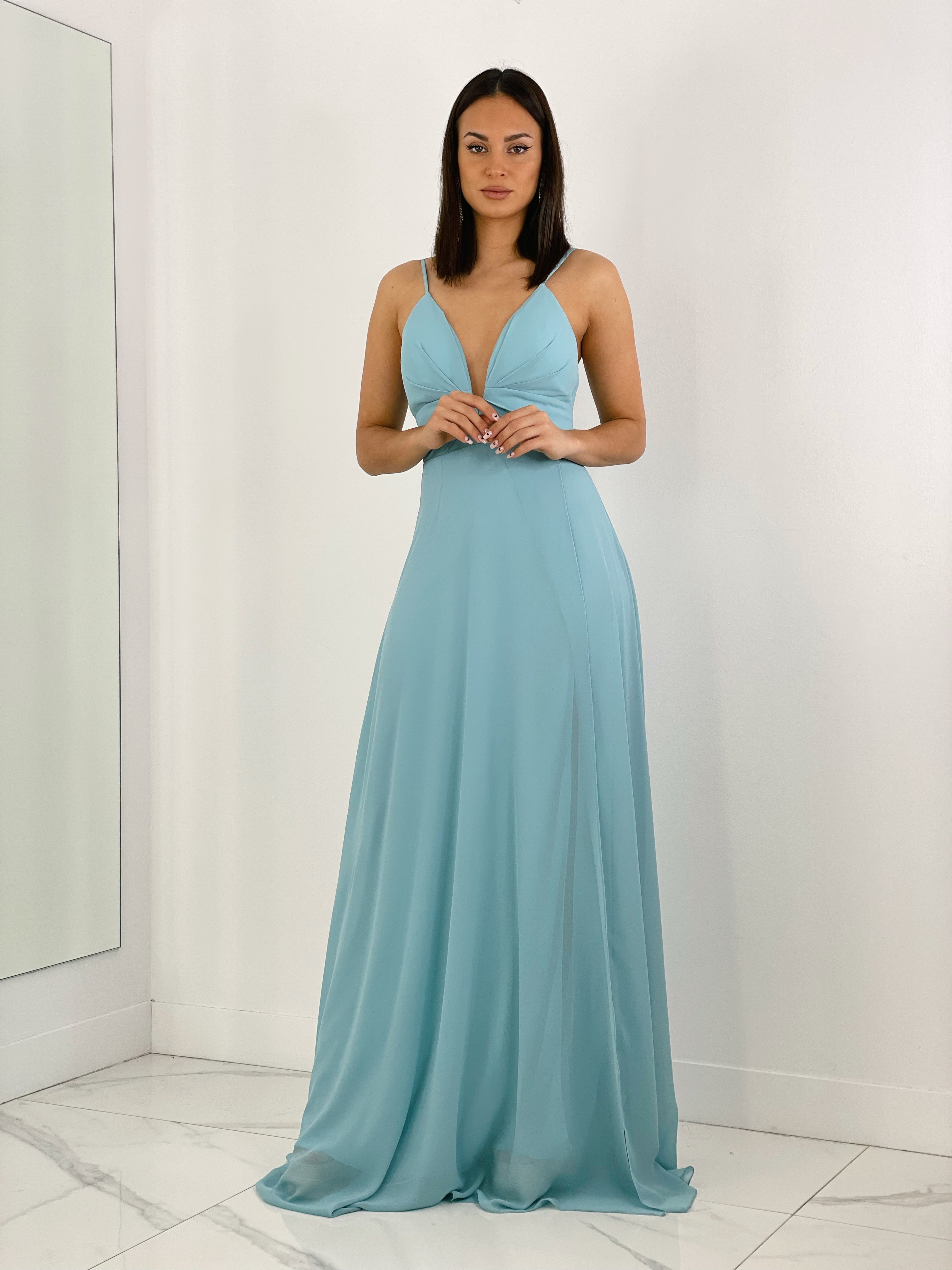 Vestido ceremonia escote v con corte azul cielo | Zebra&Maduixa