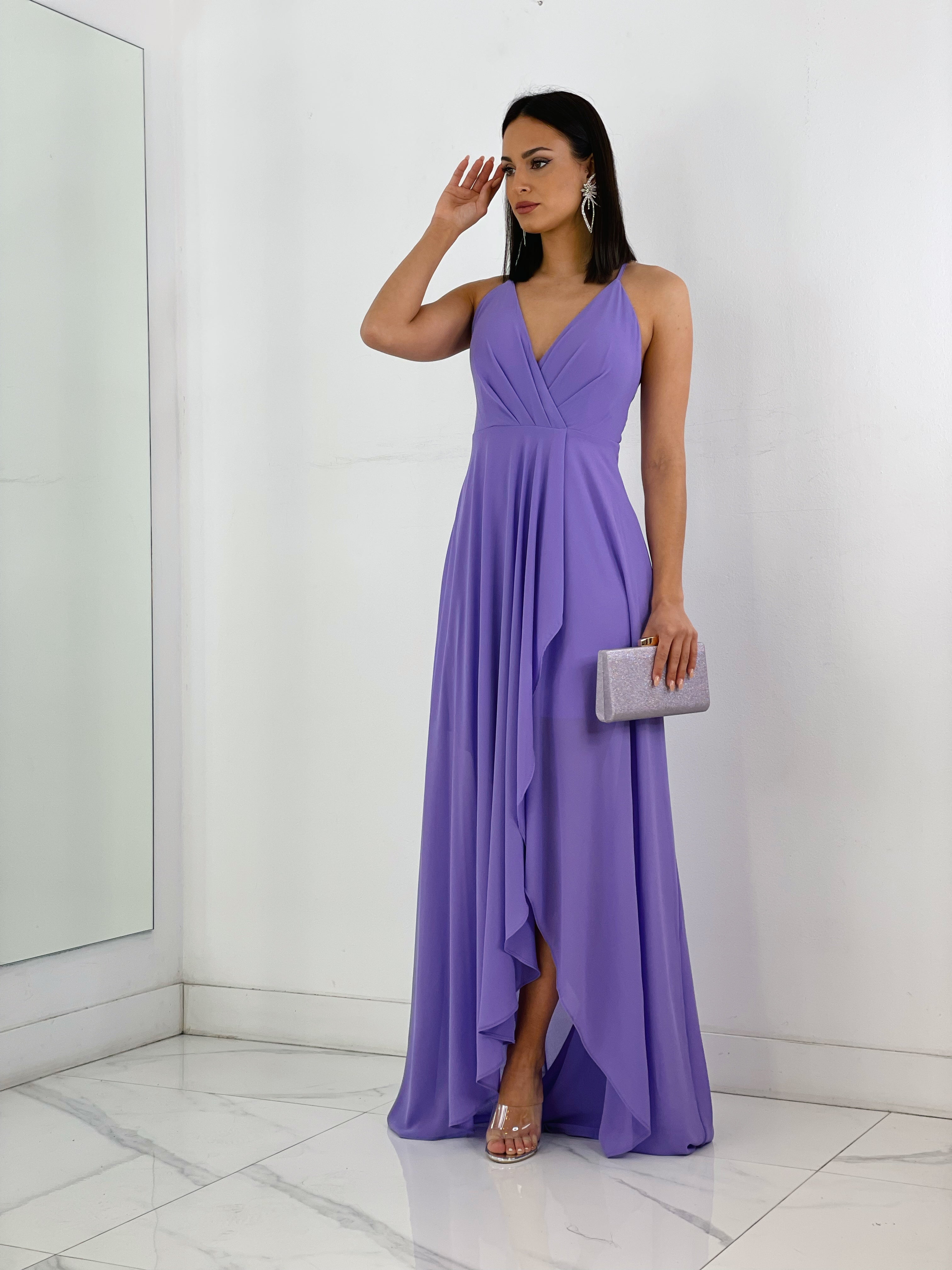 Vestido de ceremonia de escote cruzado y espalda cruzada color lila | Zebra&Maduixa