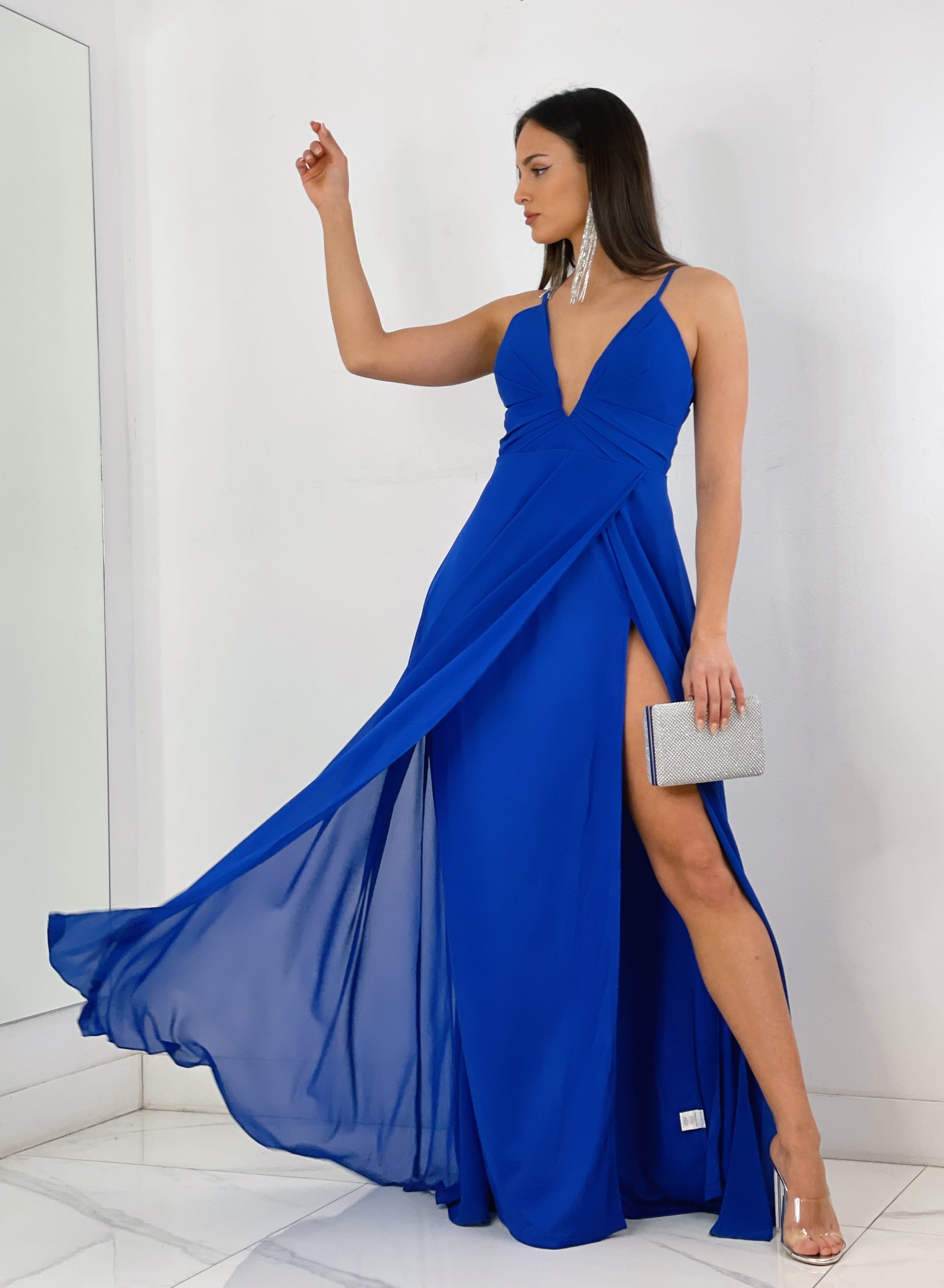 Vestido ceremonia escote v con corte azul klein | Zebra&Maduixa