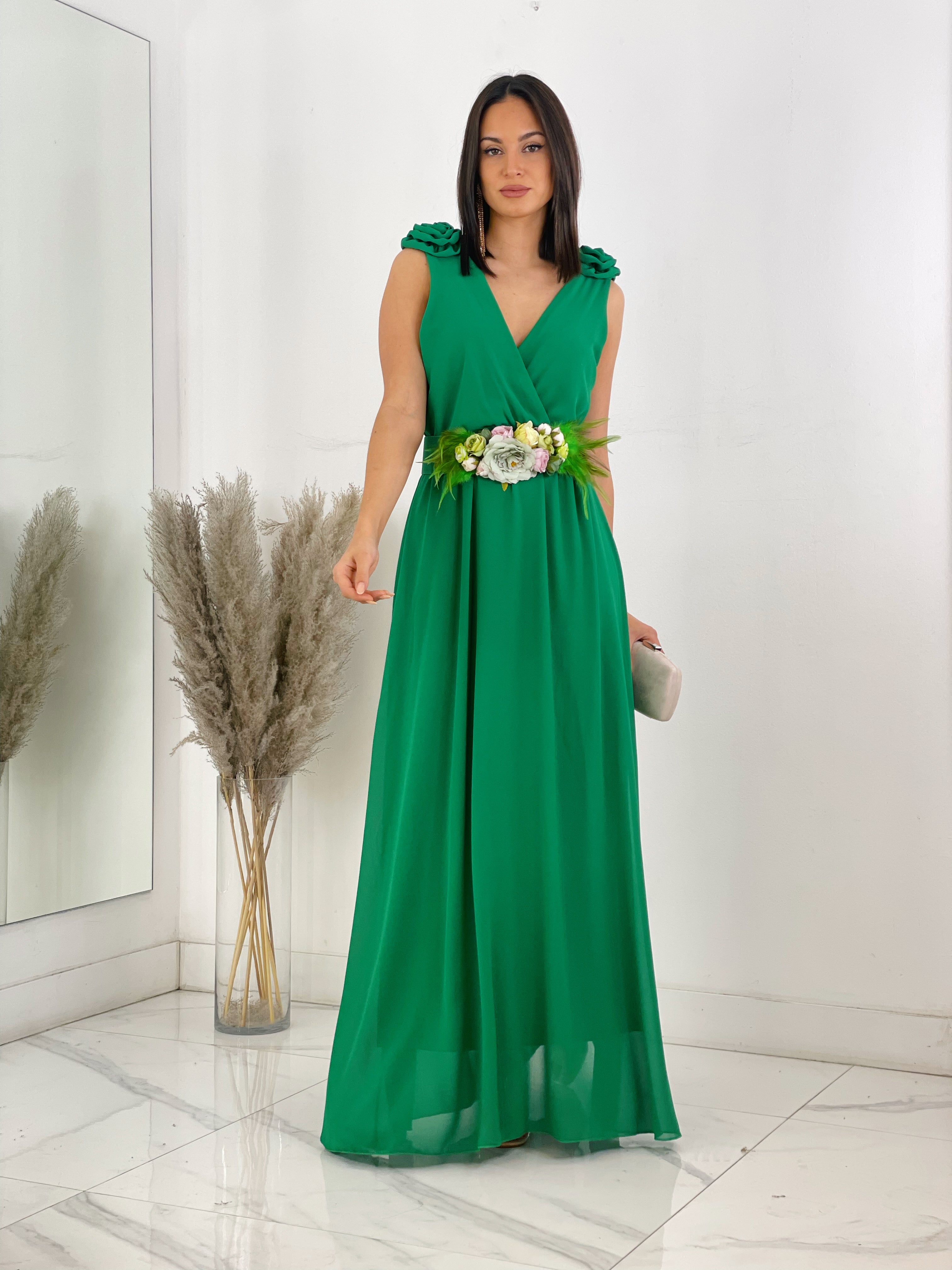 Vestido ceremonia con flores en los hombros color verde | Zebra&Maduixa