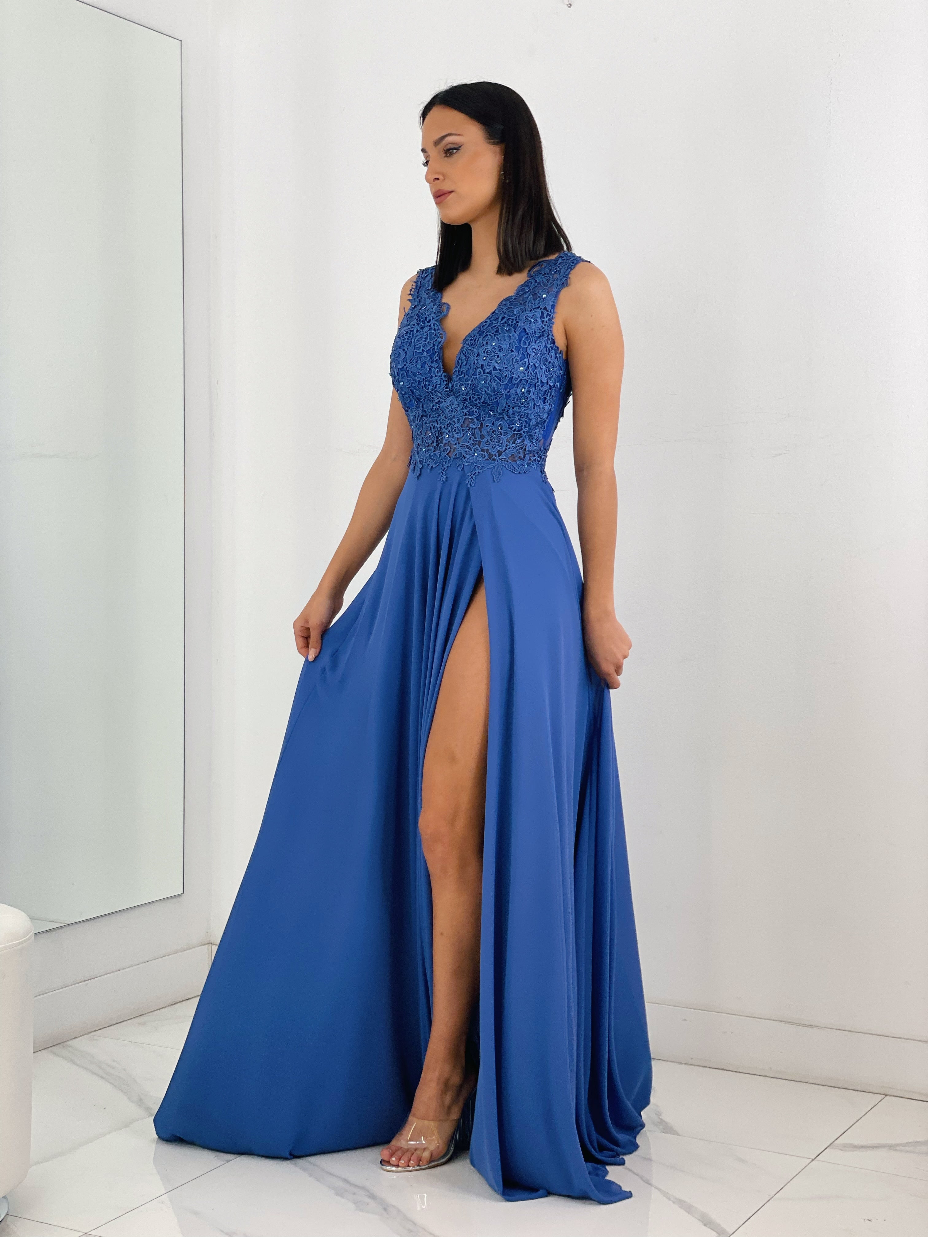 Vestido de ceremonia color azul con bordados | Zebra&Maduixa