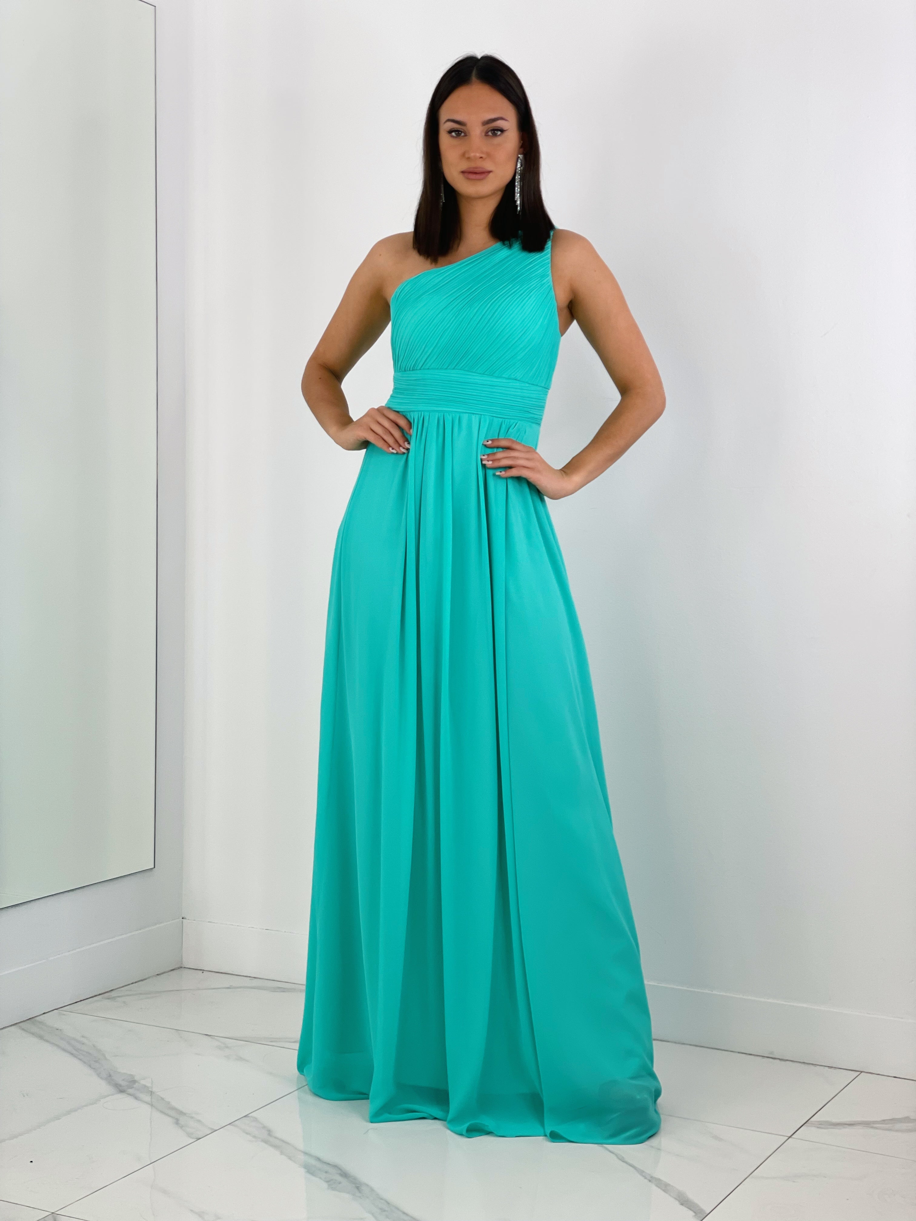 Vestido de ceremonia de escote asimétrico y drapeado color turquesa | Zebra&Maduixa
