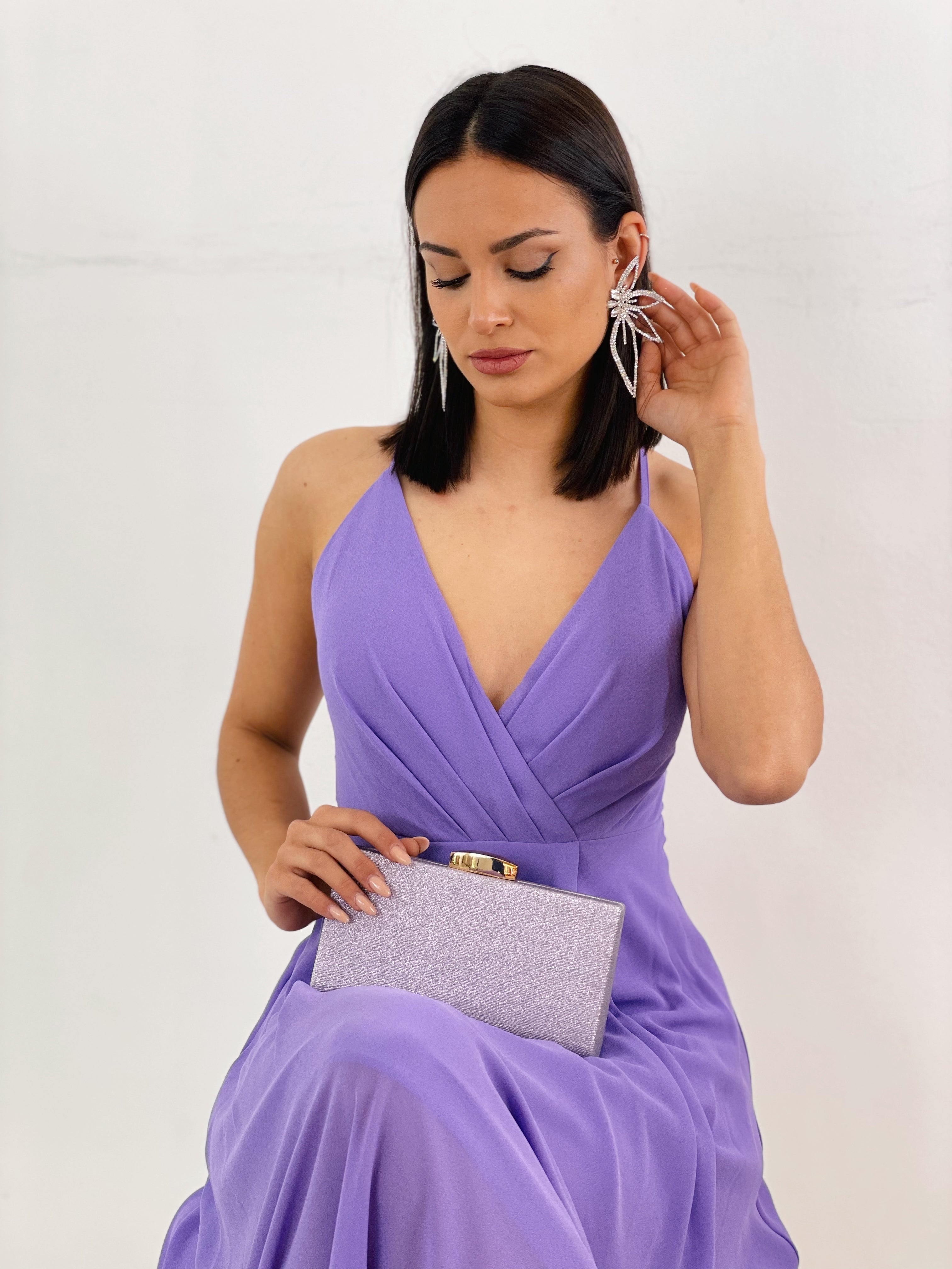 Vestido de ceremonia de escote cruzado y espalda cruzada color lila | Zebra&Maduixa