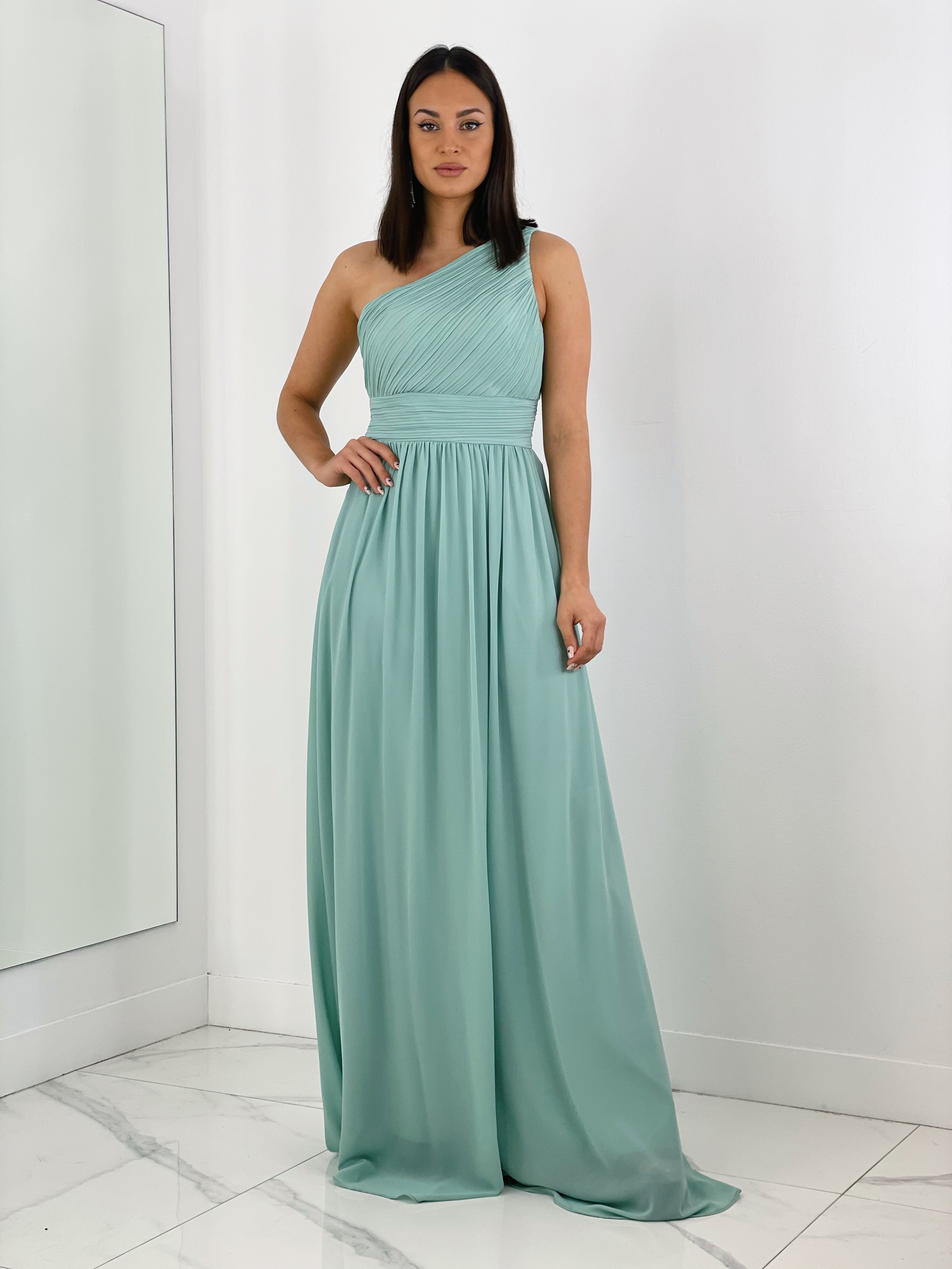 Vestido de ceremonia de escote asimétrico y drapeado color salvia | Zebra&Maduixa