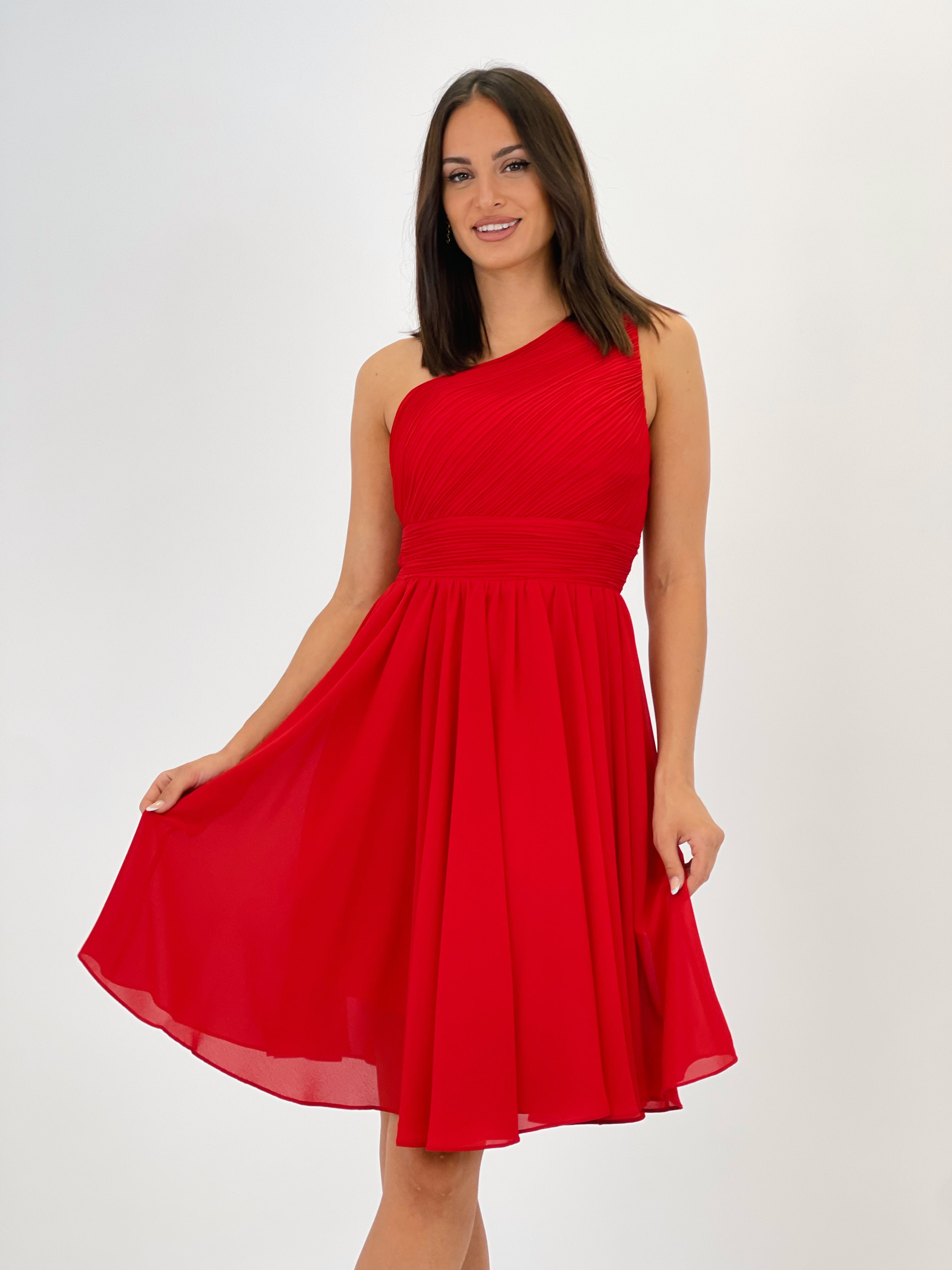 Vestido de ceremonia corto de escote asimétrico y drapeado color rojo | Zebra&Maduixa