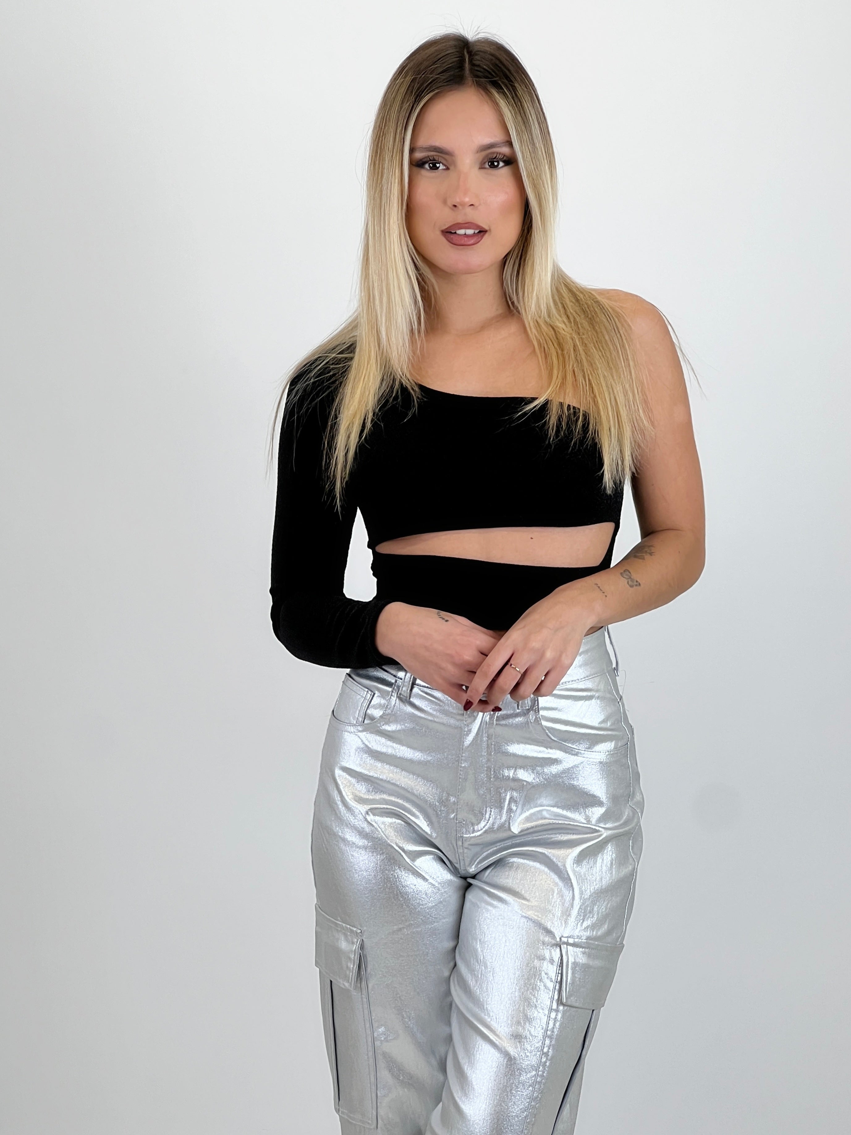 Lurex cutout sleeve top