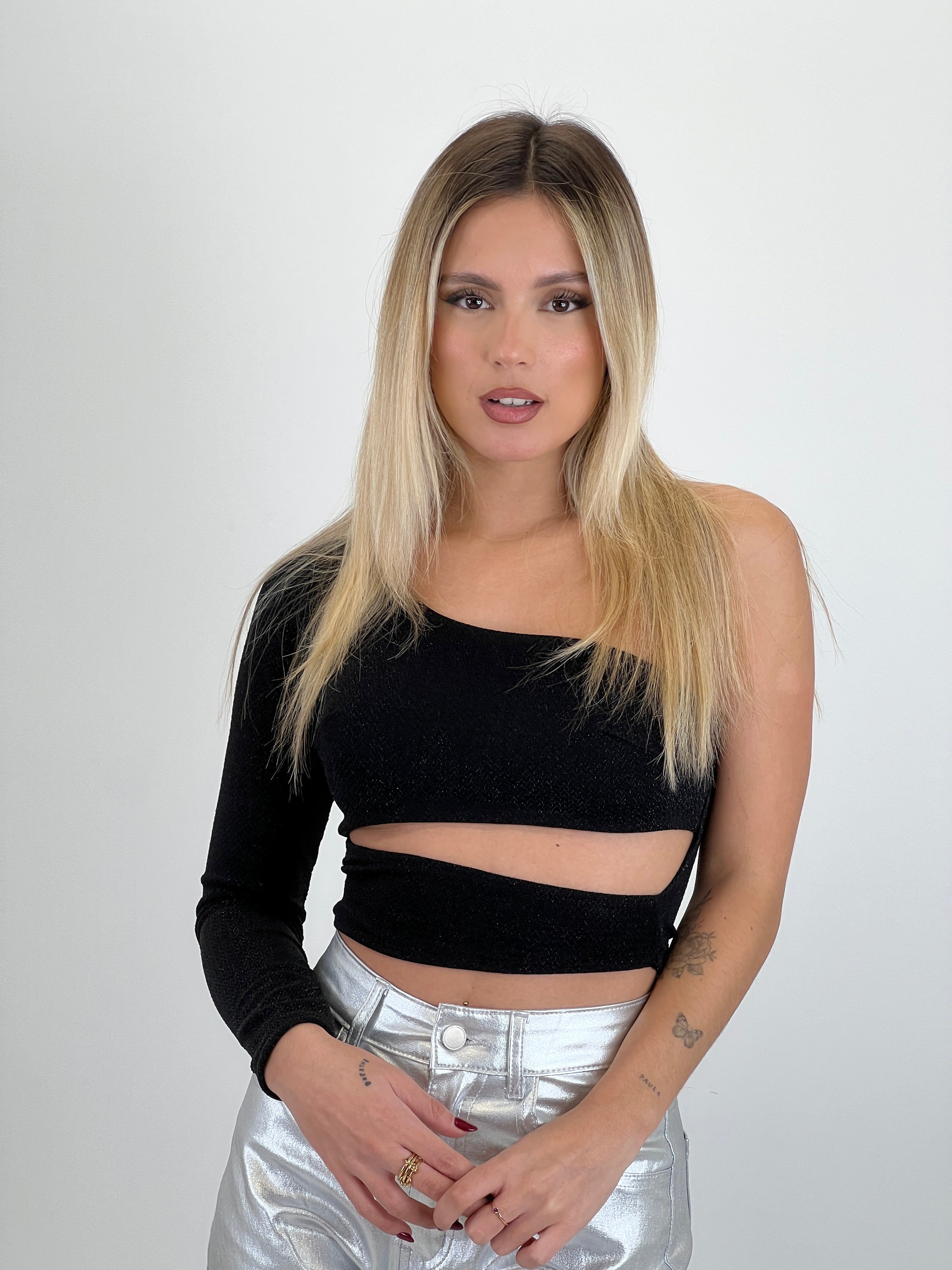 Lurex cutout sleeve top