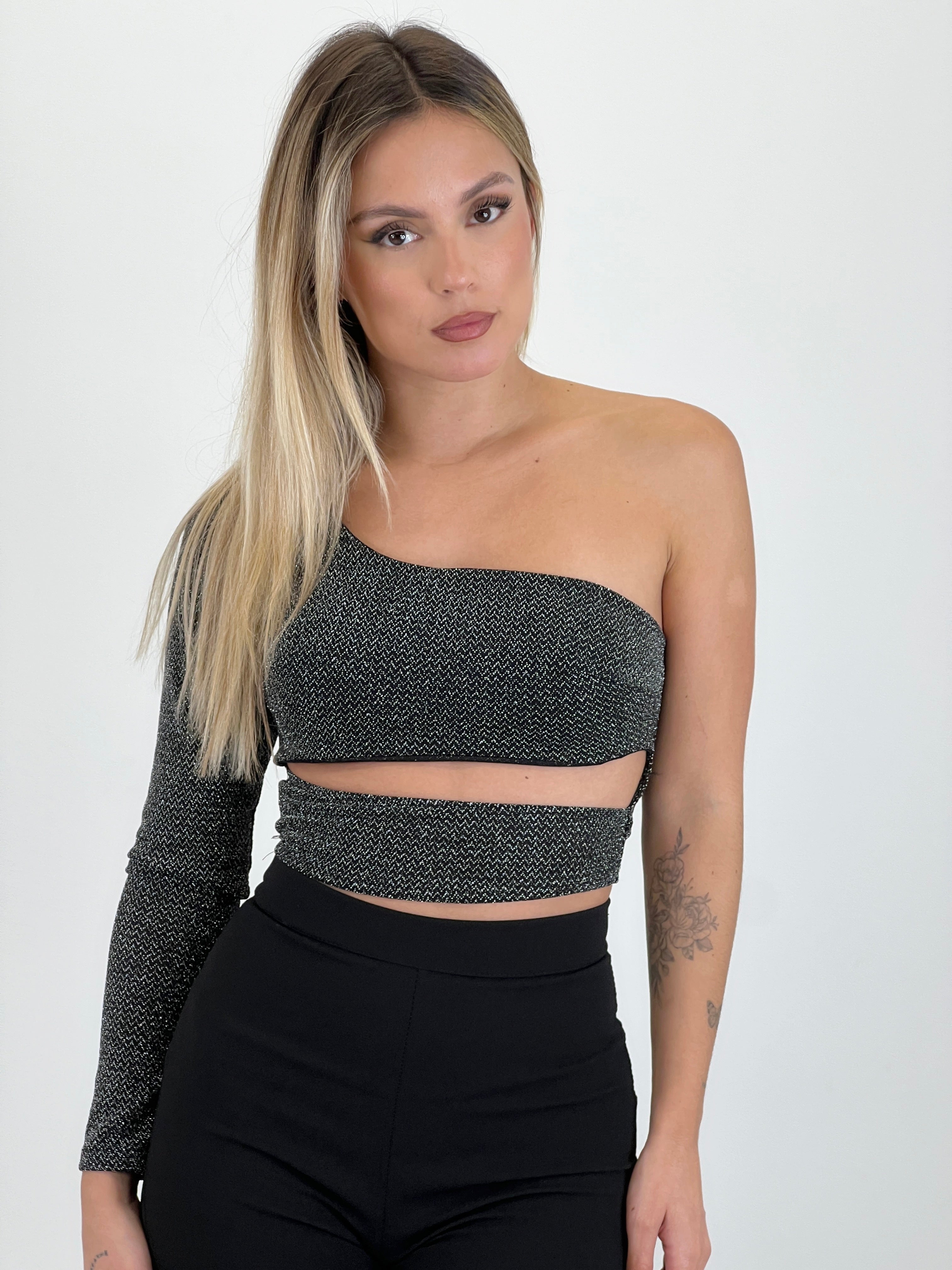 Lurex cutout sleeve top