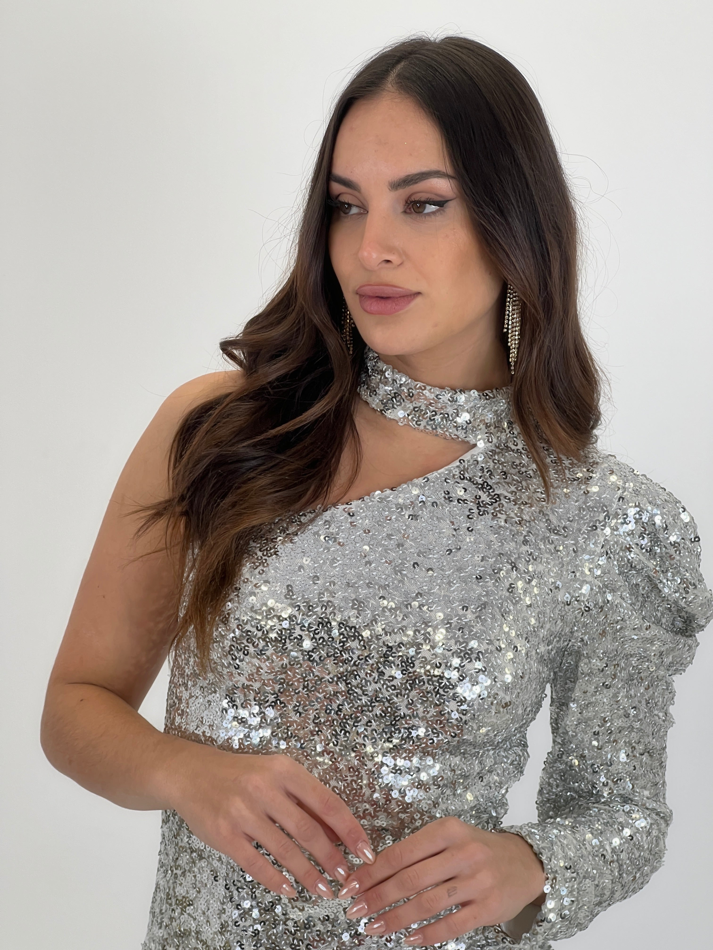 Asymmetrical sequin choker dress