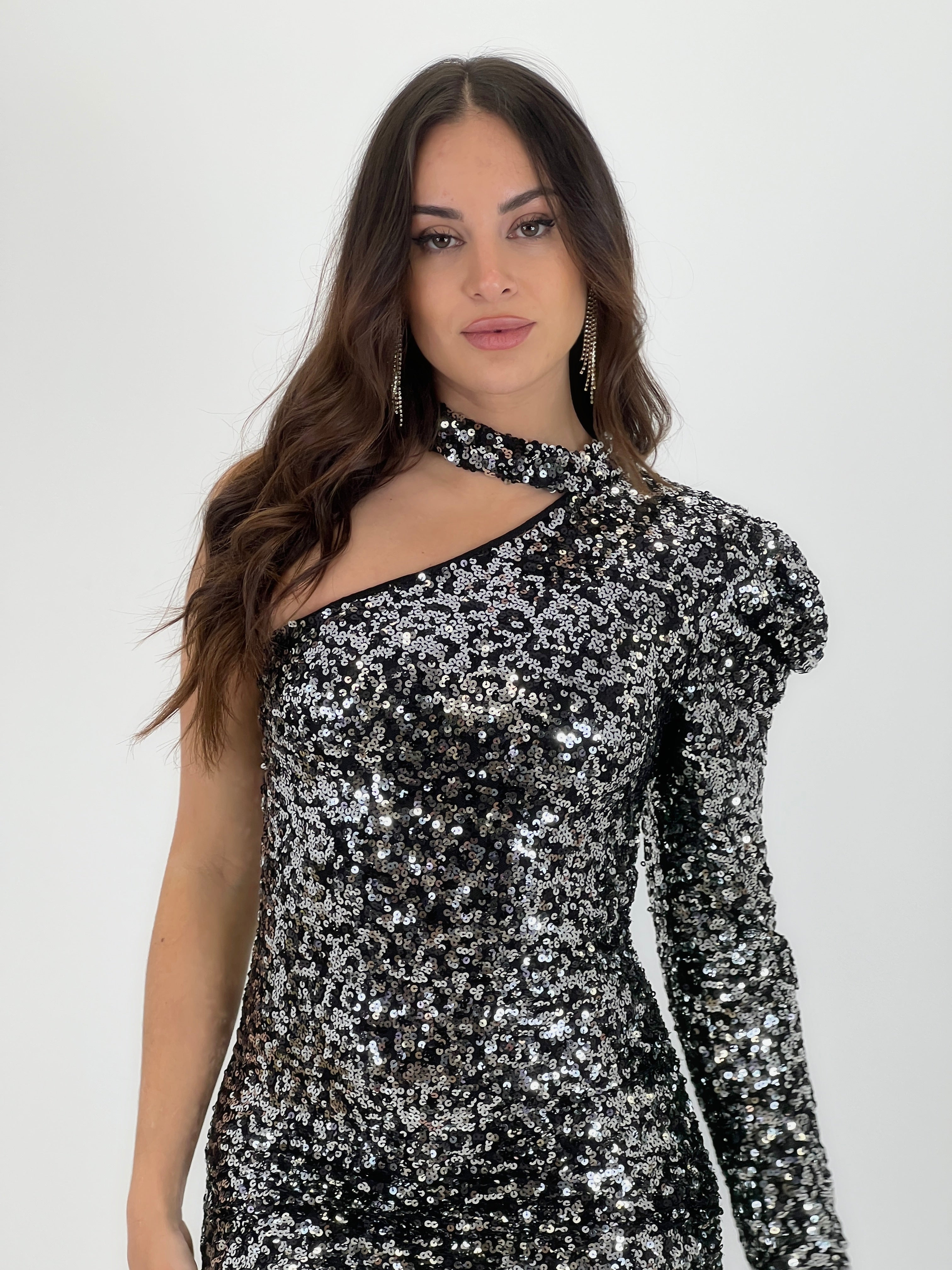 Asymmetrical sequin choker dress