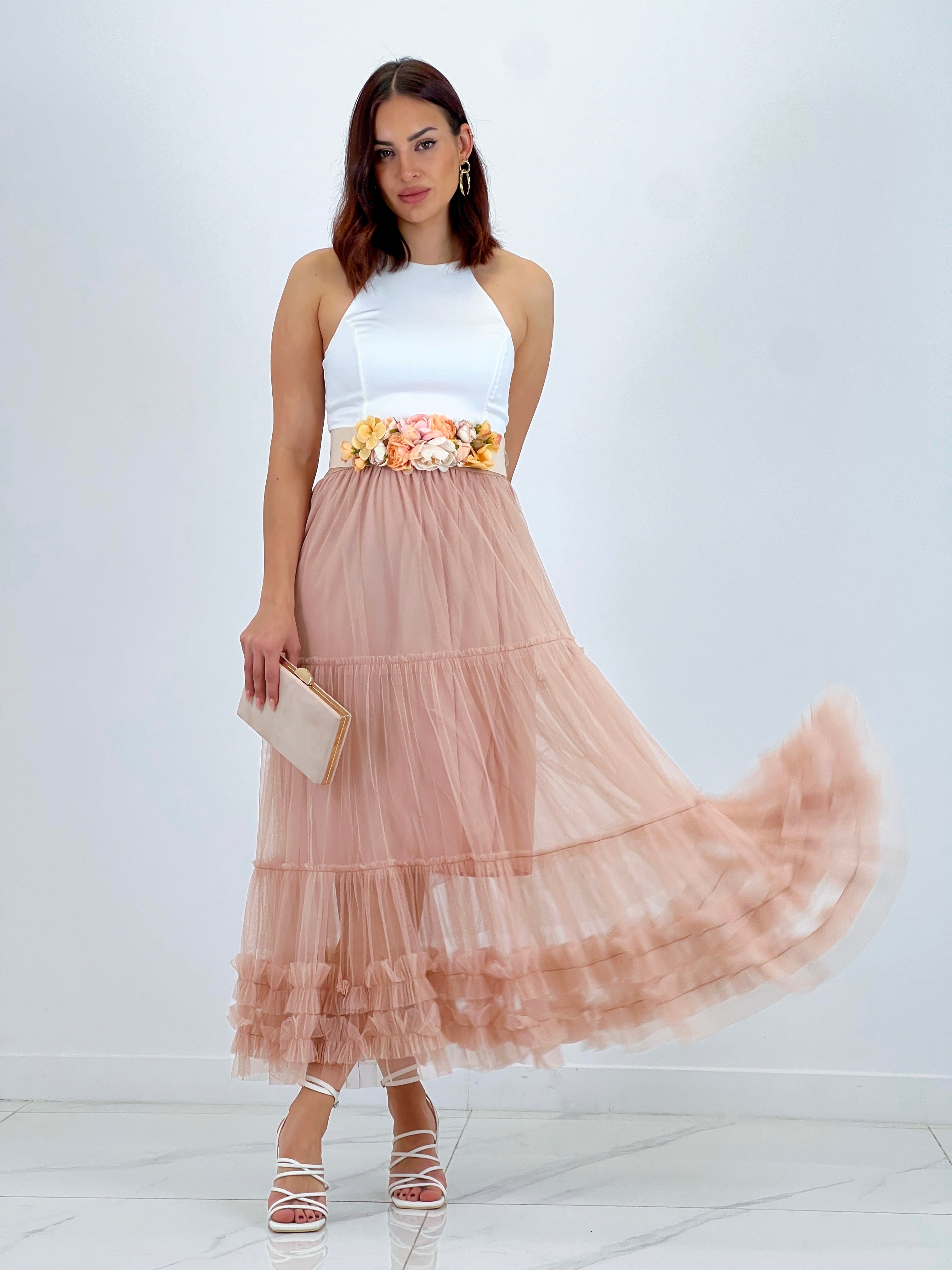 Falda de tul larga acabado rizado