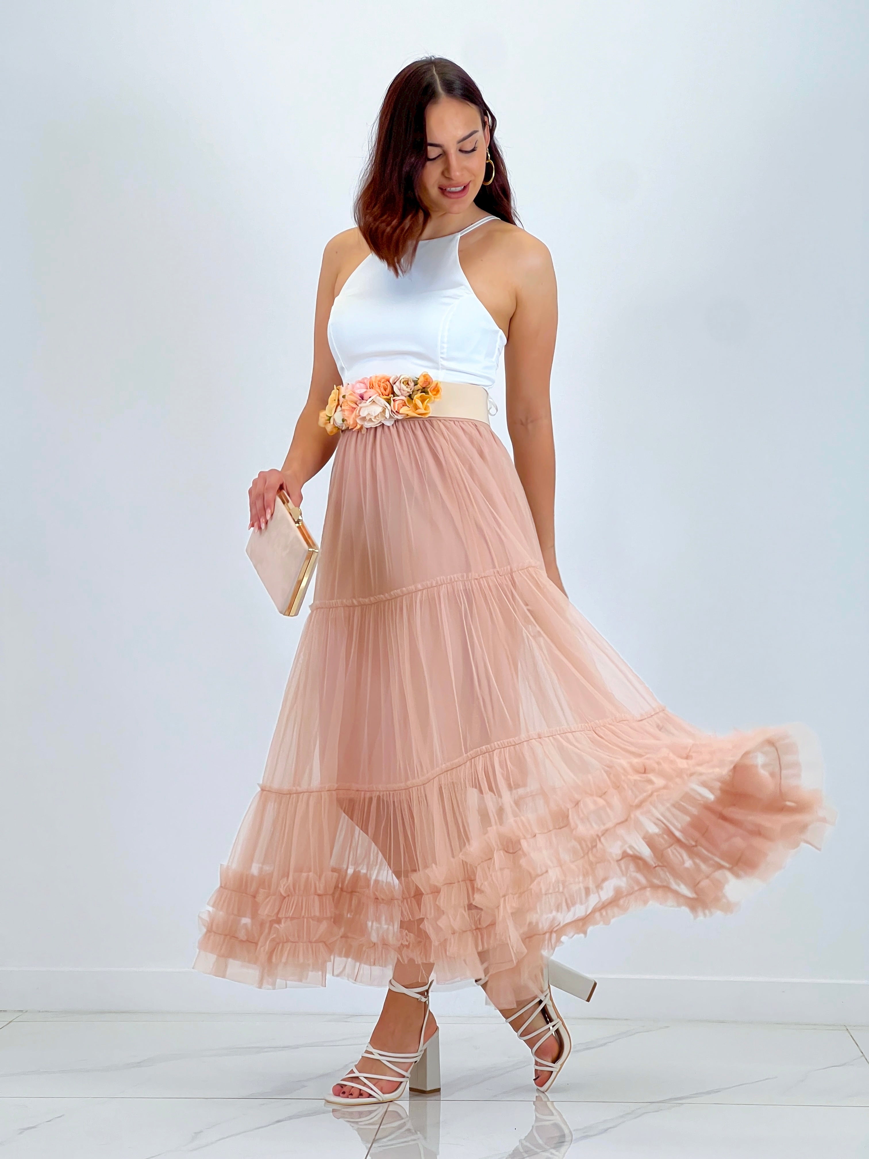 Falda de tul larga acabado rizado