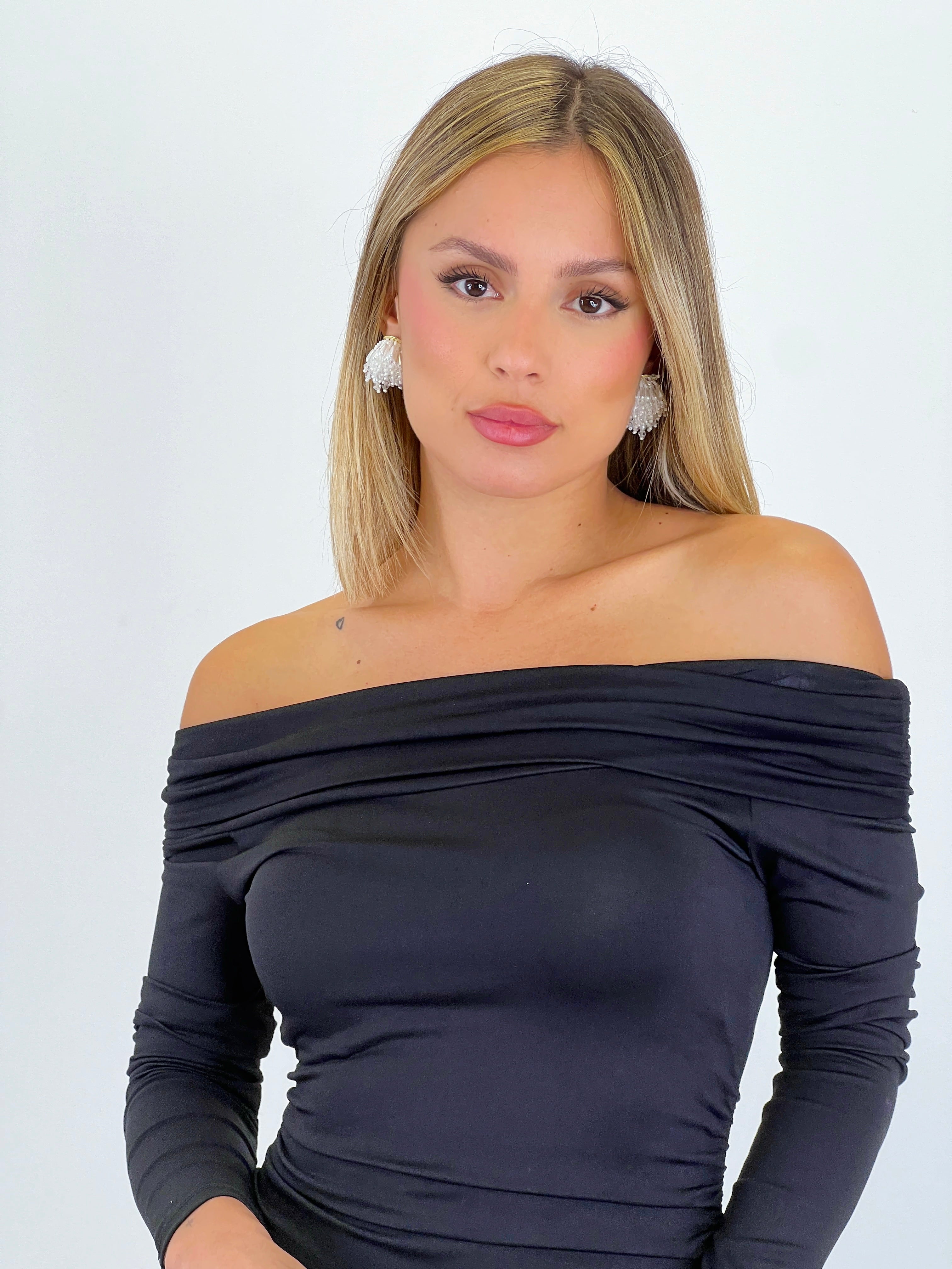 Vestido fruncido escote barco