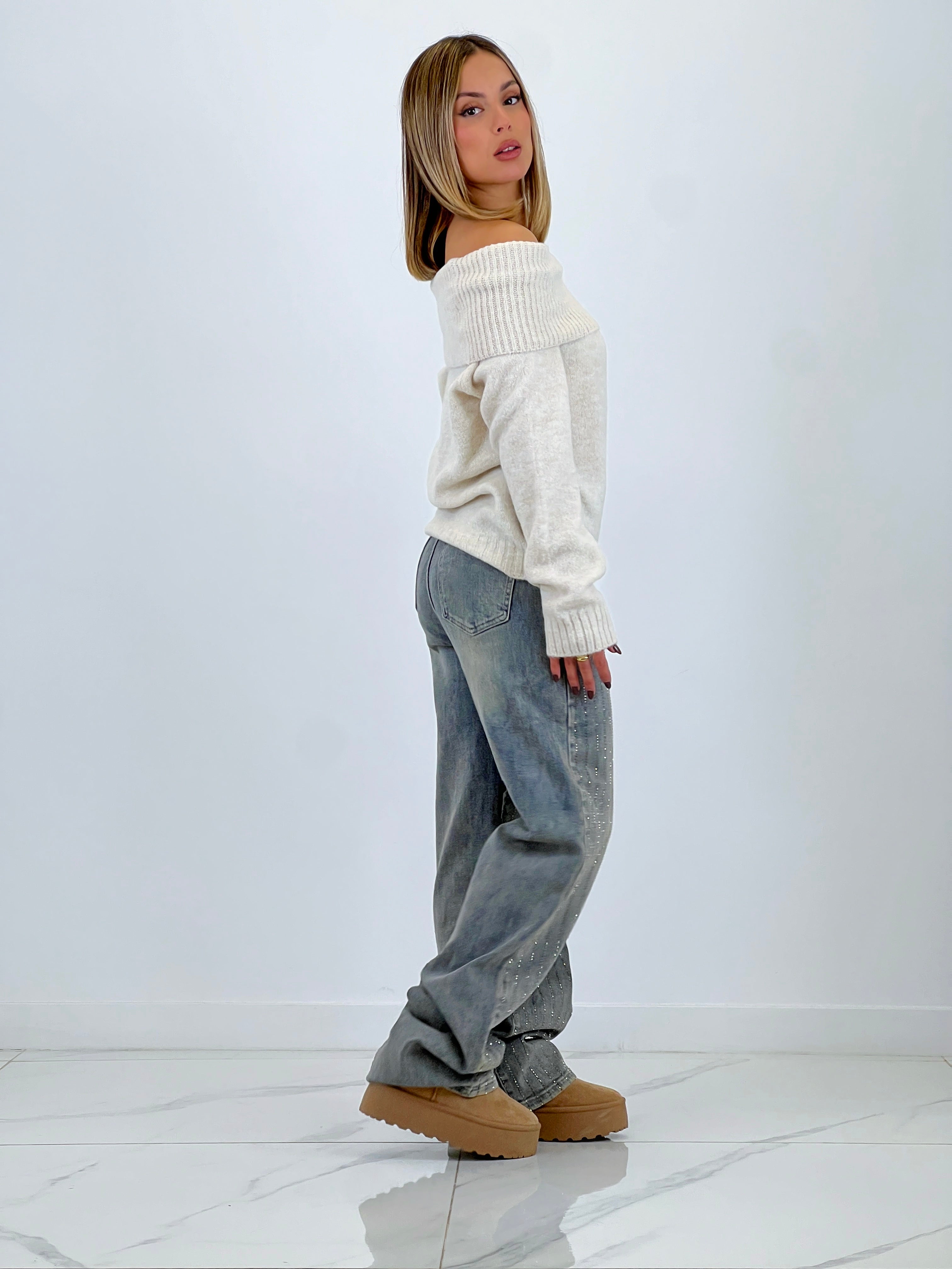 Jeans wide leg tiras brillantes