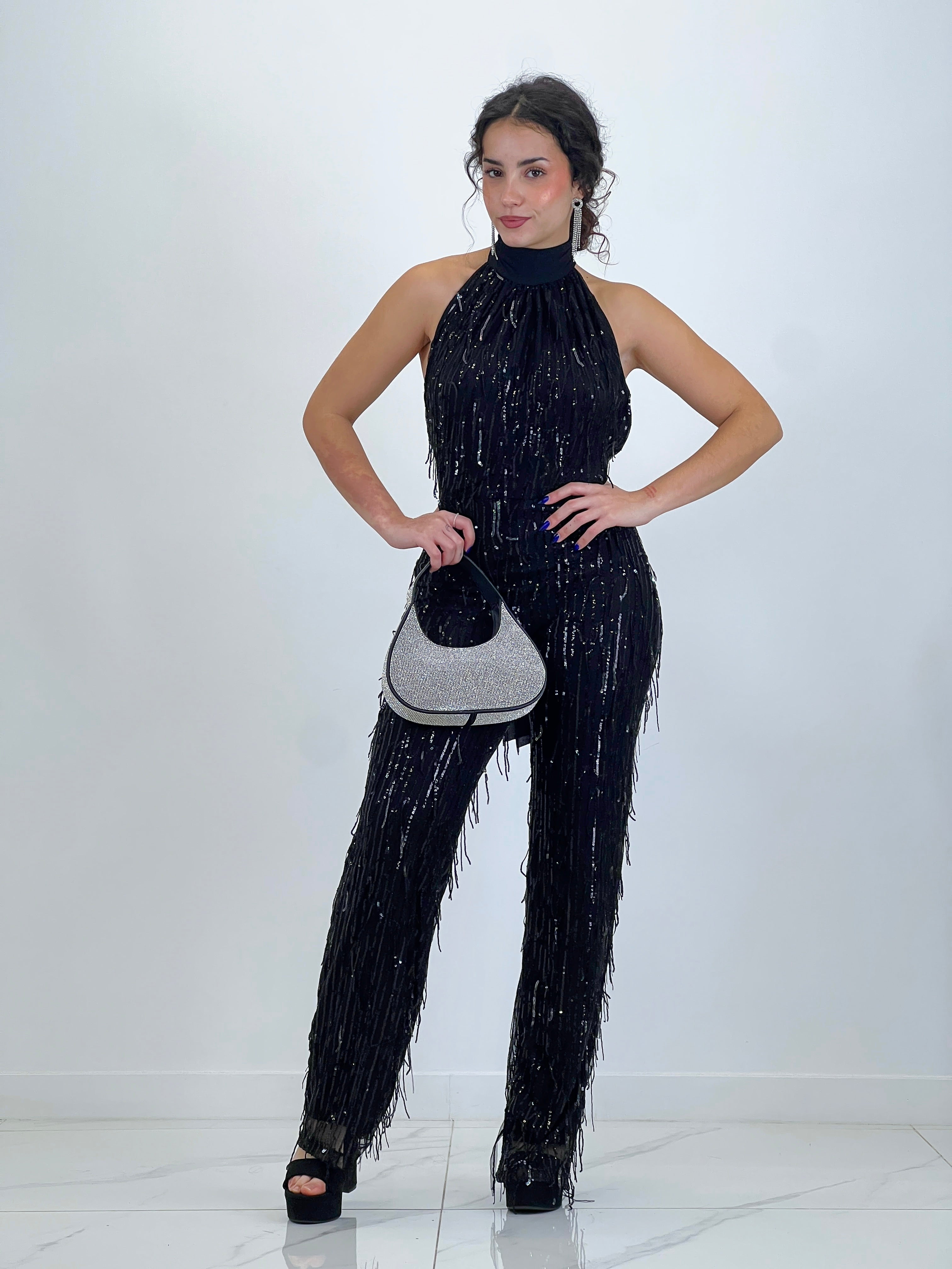 Mono halter flecos lentejuelas