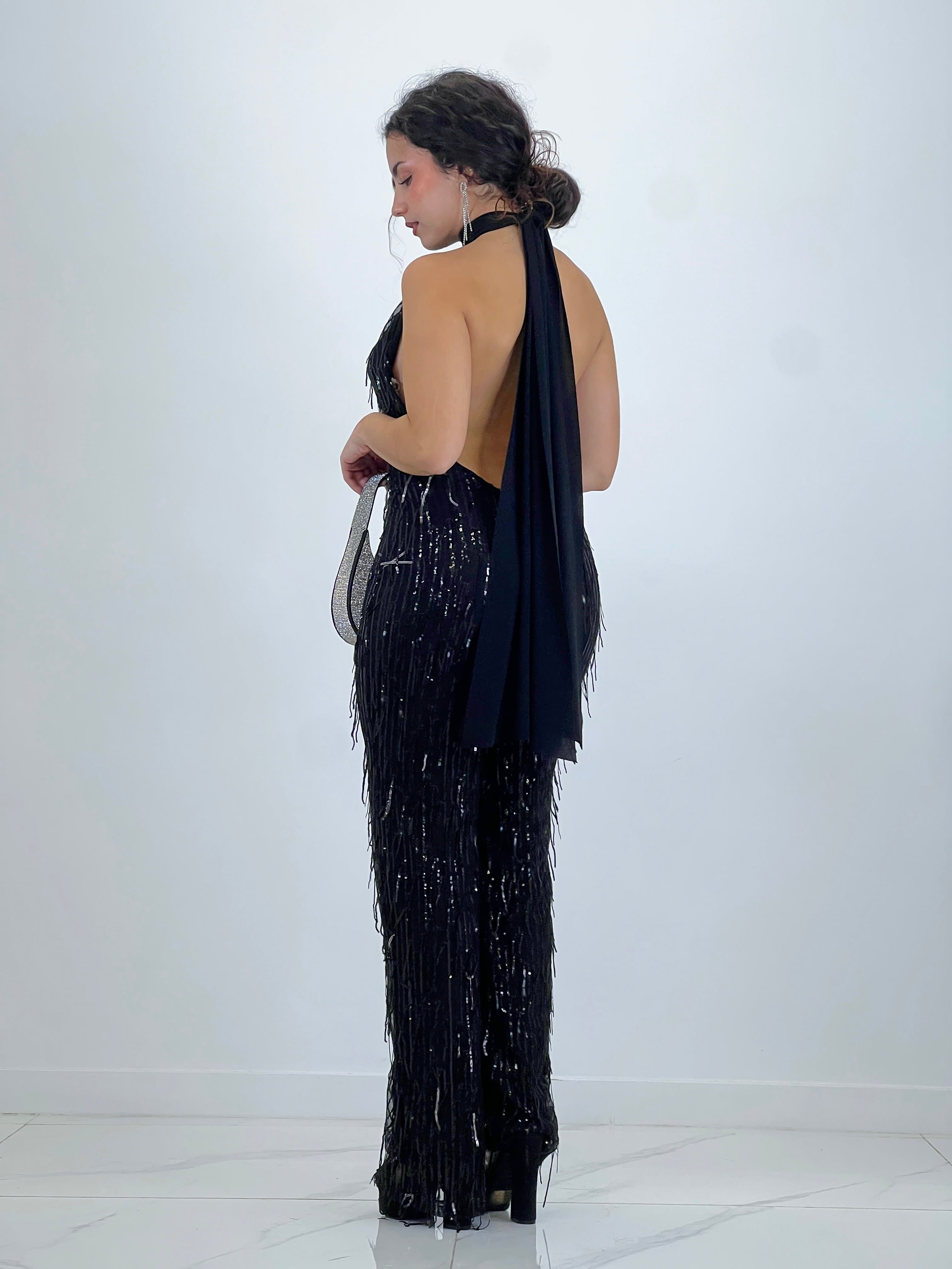 Mono halter flecos lentejuelas