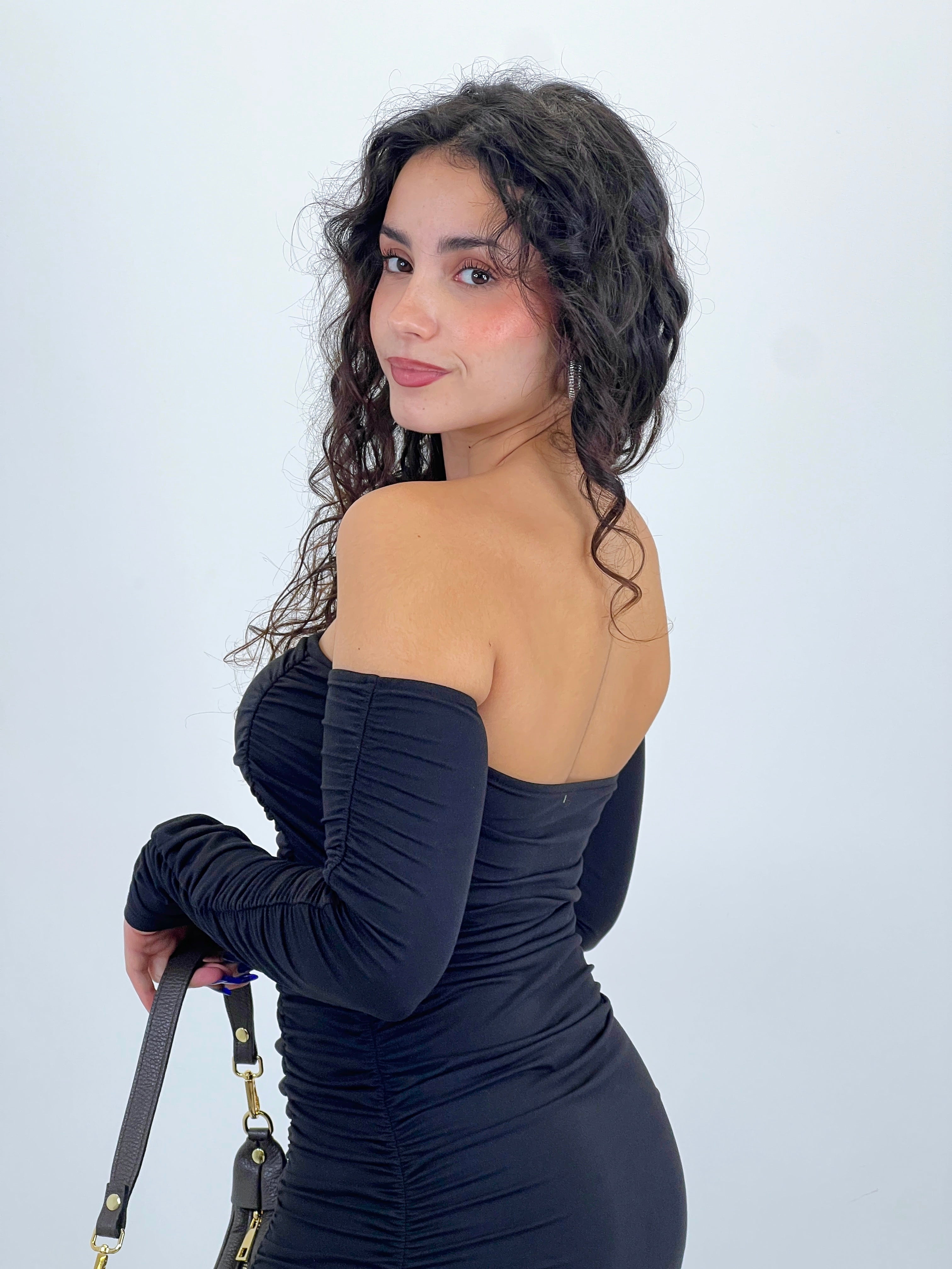 Vestido frunces cuello barco