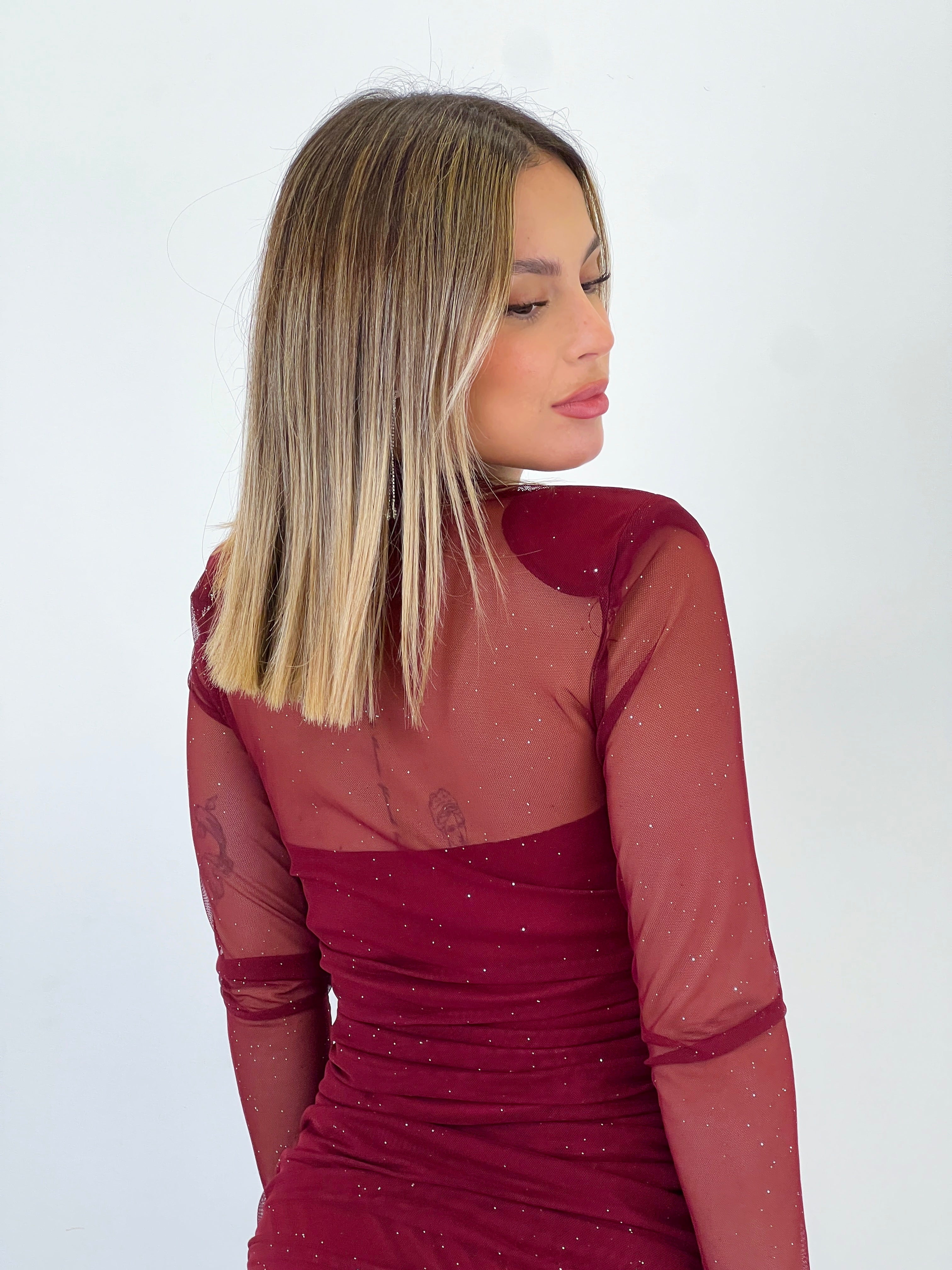 Vestido mangas transparente brillo