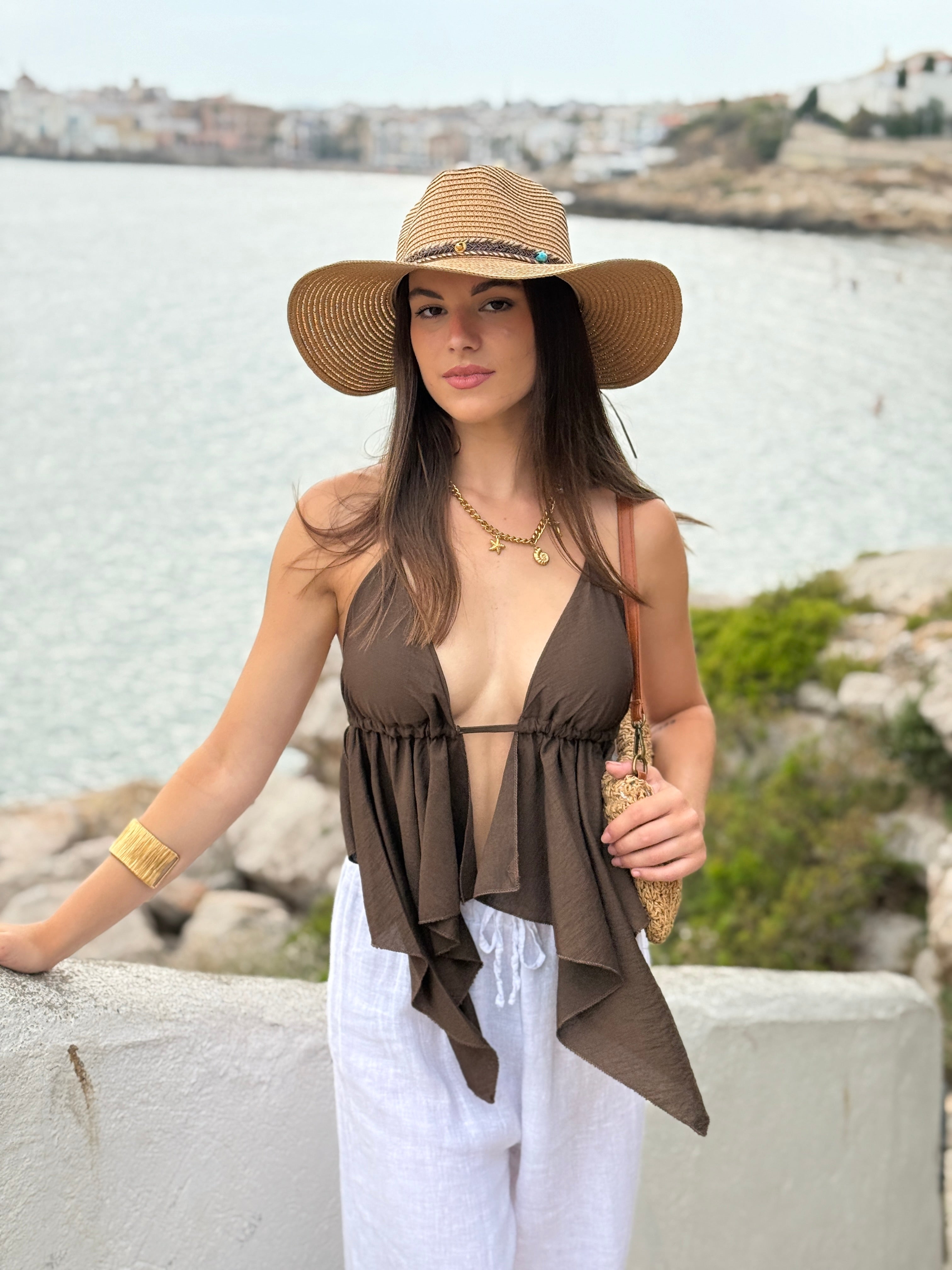 Top halter straps with ruffles