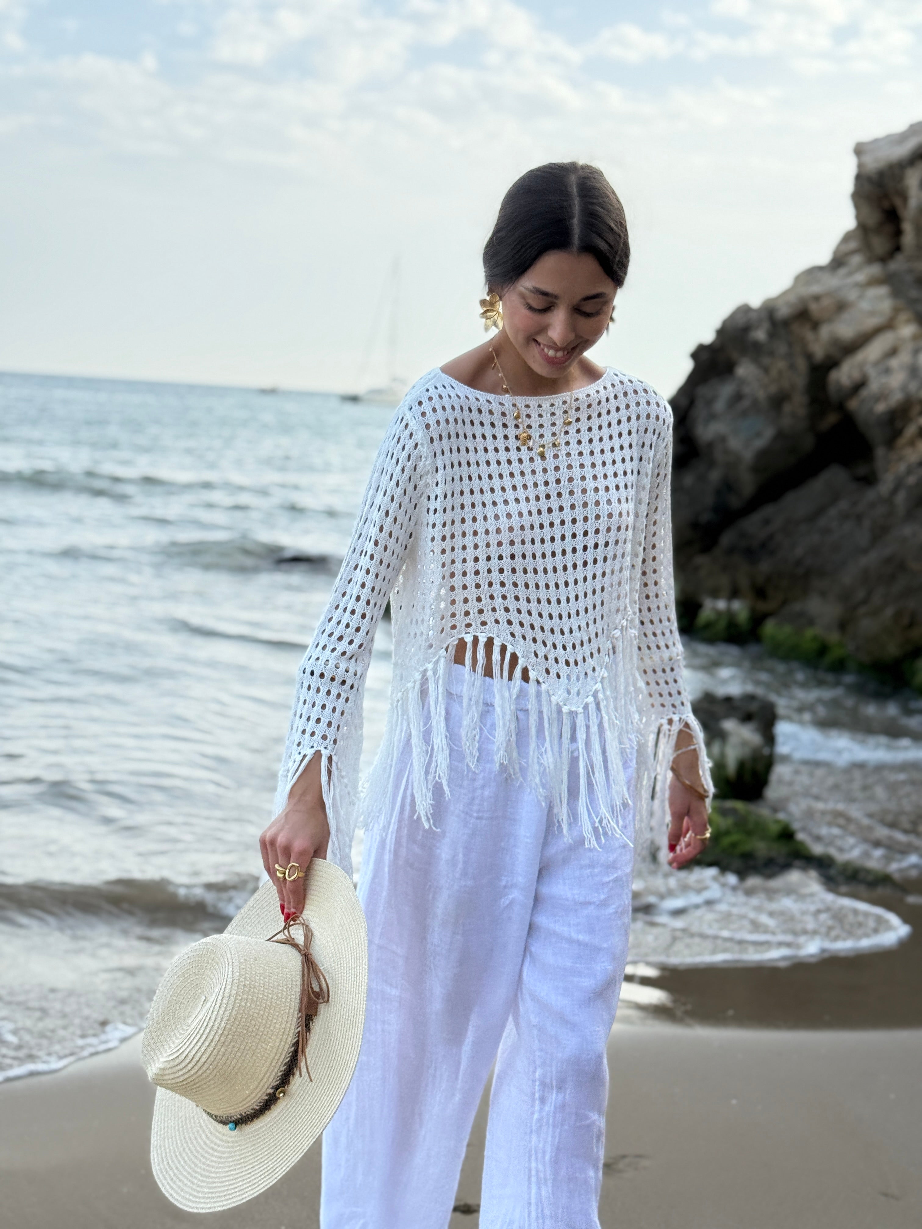 Linen flared trousers with elastic