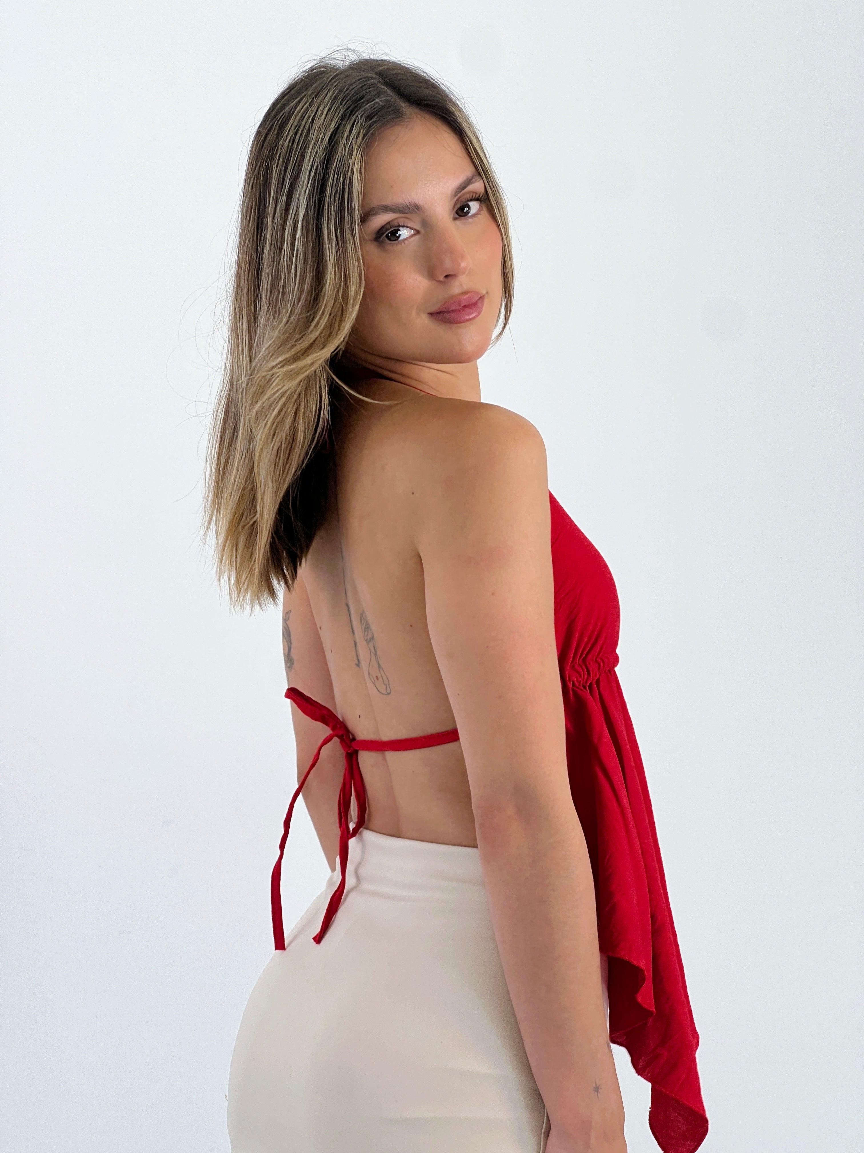 Top halter straps with ruffles