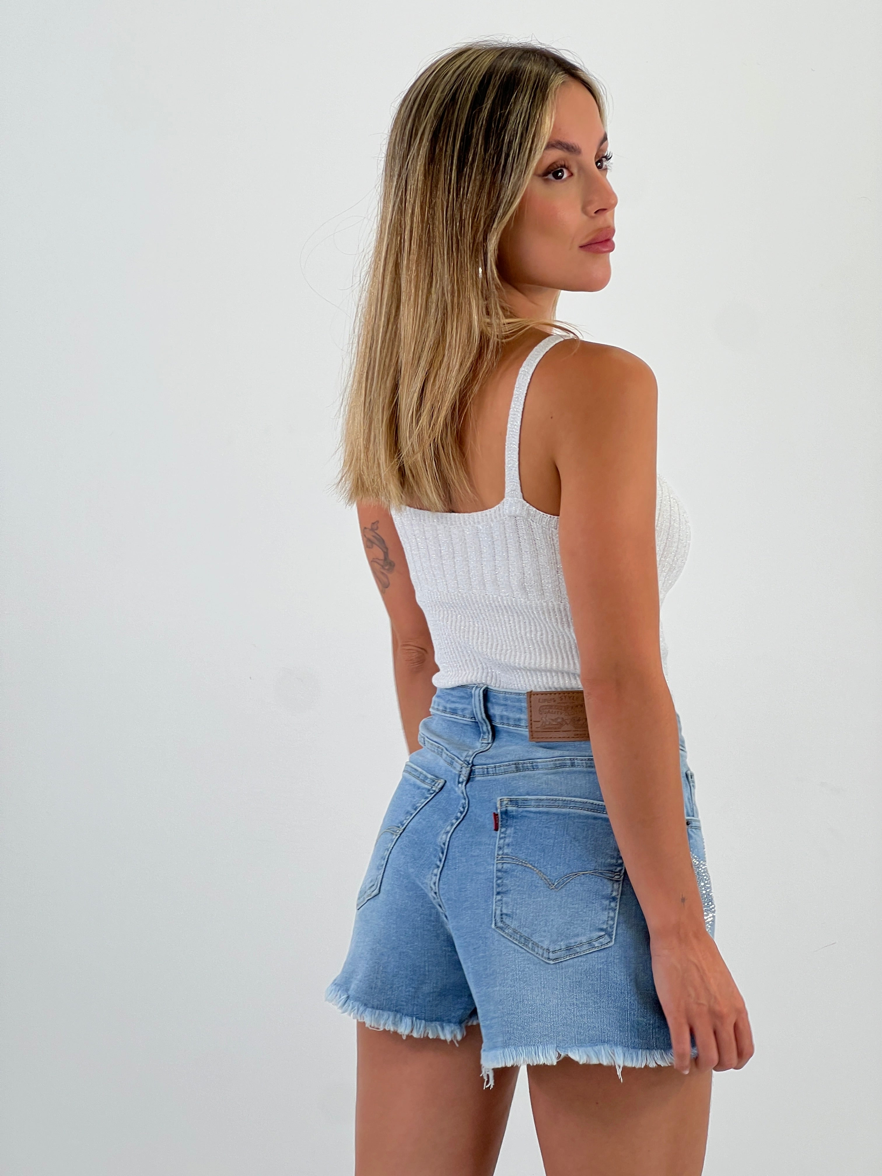 Estrella curta de denim amb strass