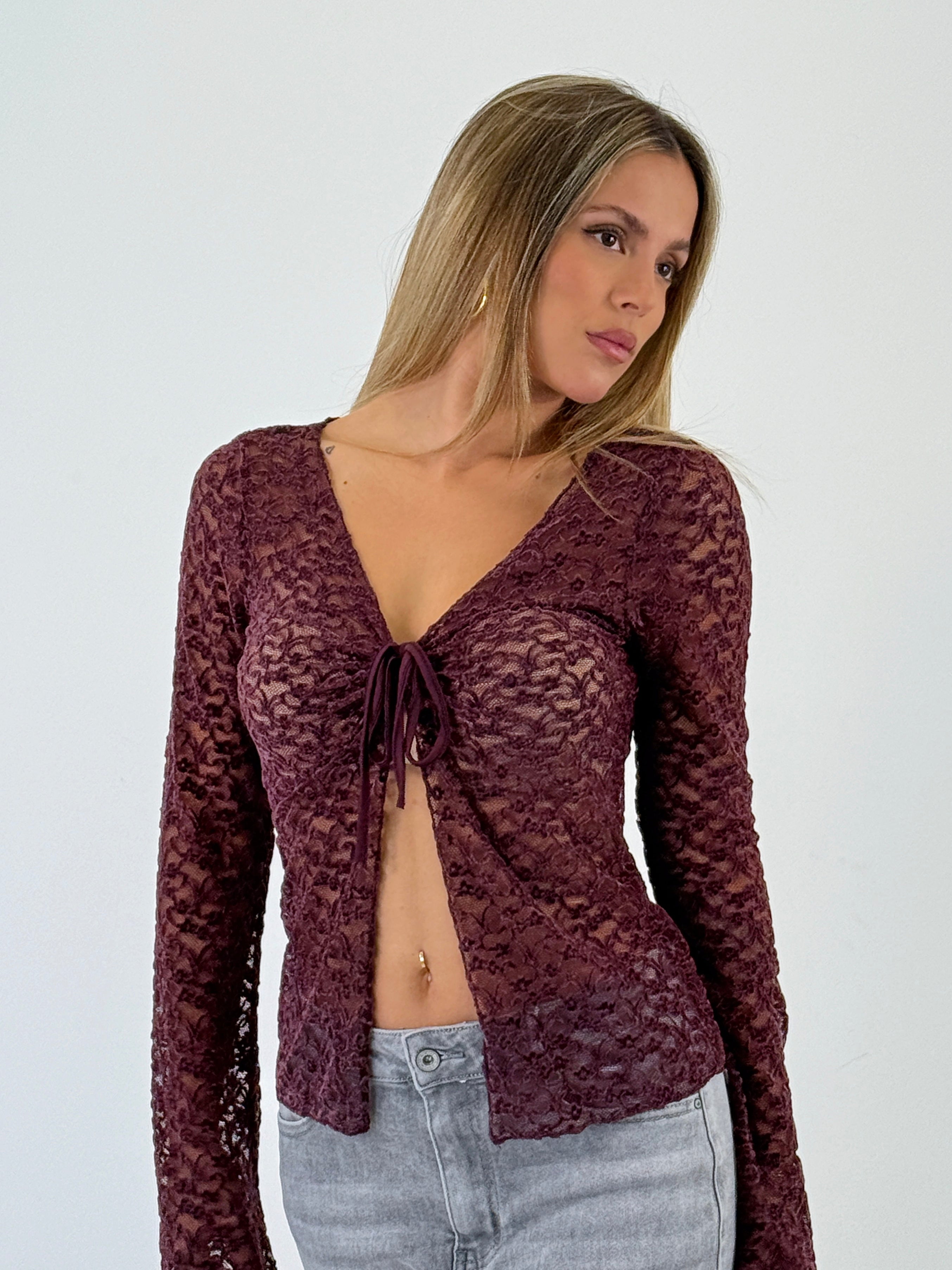 Camisa lazada encaje terciopelo