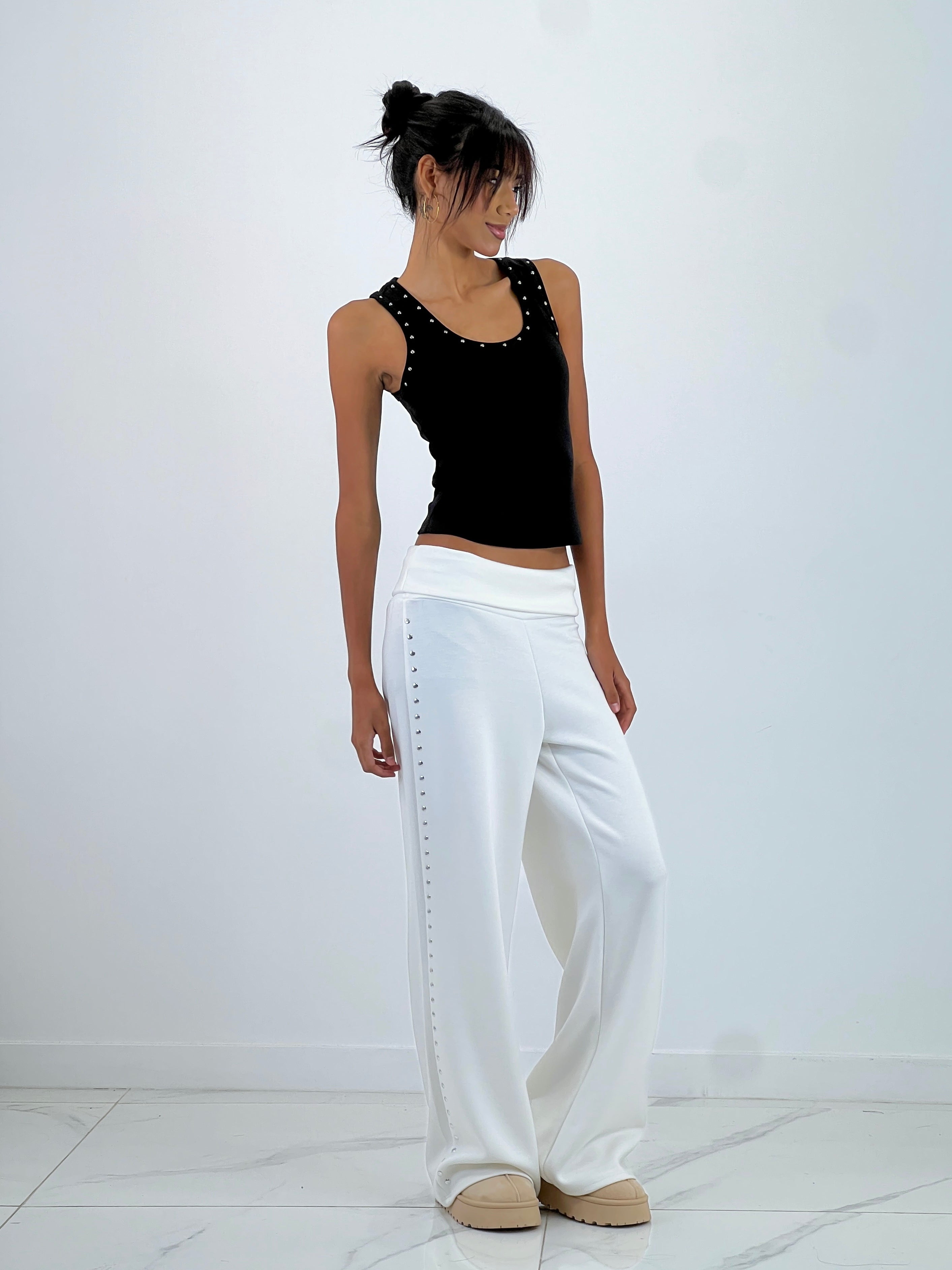 Studded pants with turned waist