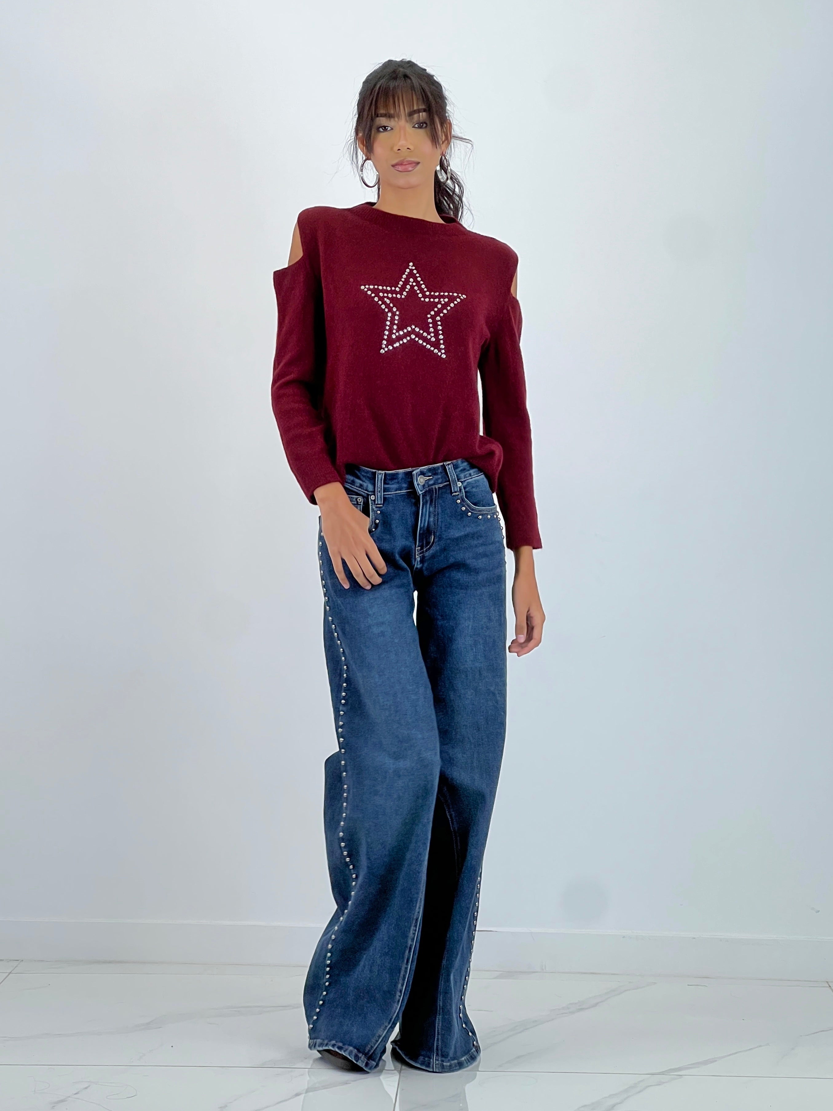 Jeans wide leg tachuelas