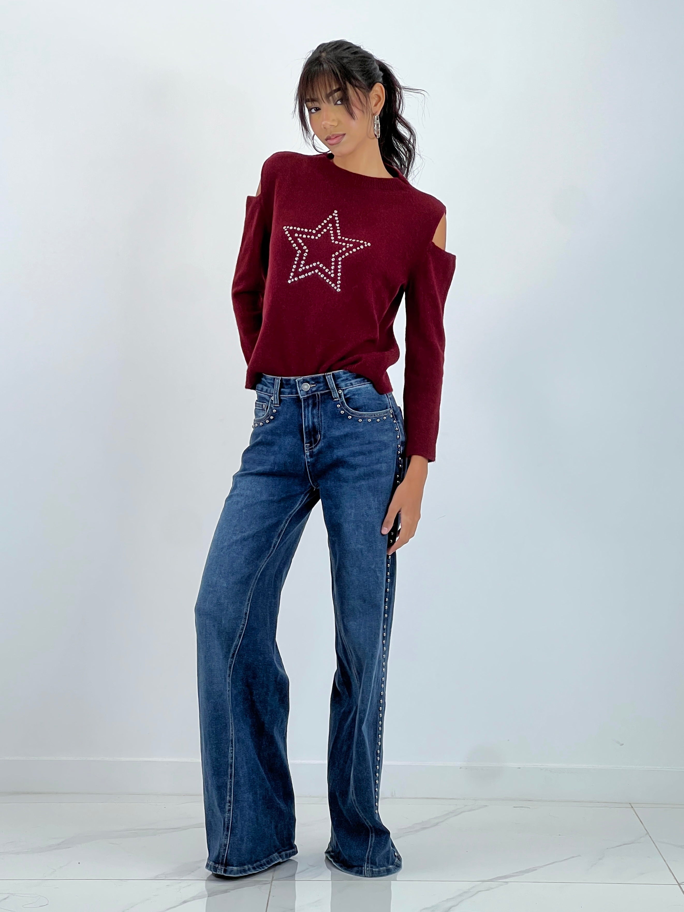 Jeans wide leg tachuelas