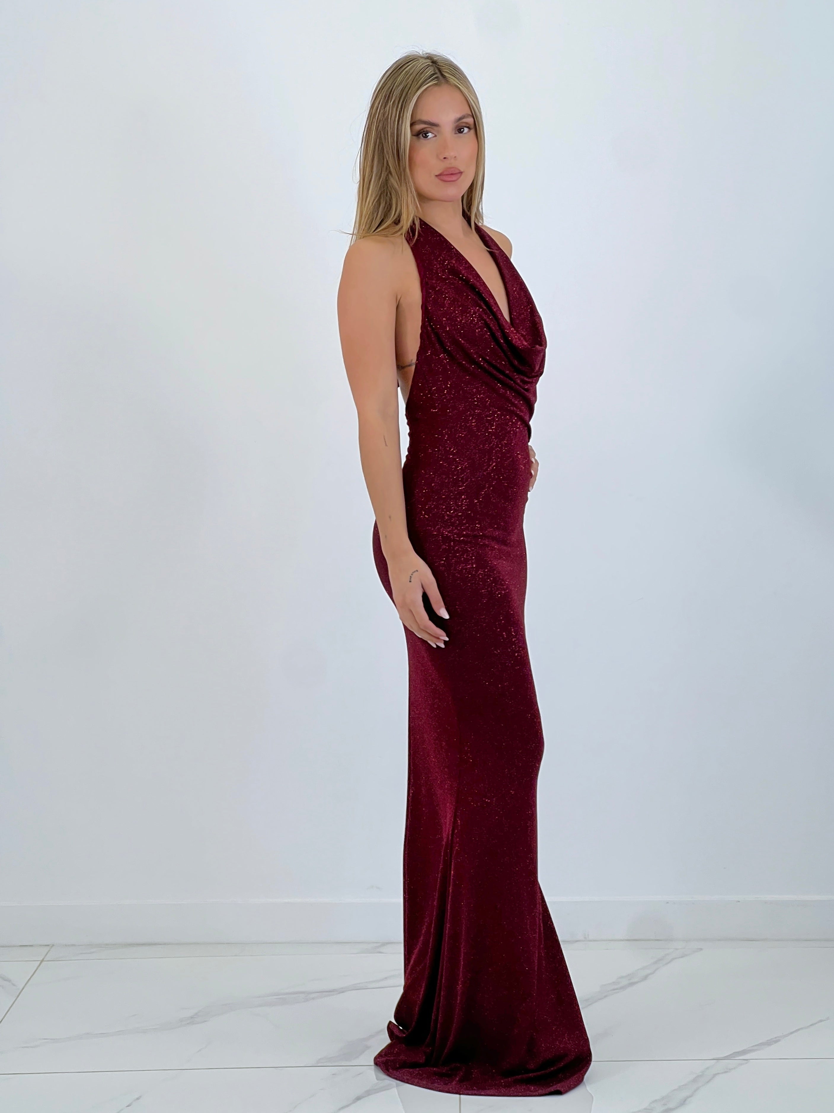 Vestido lurex cuello cascada