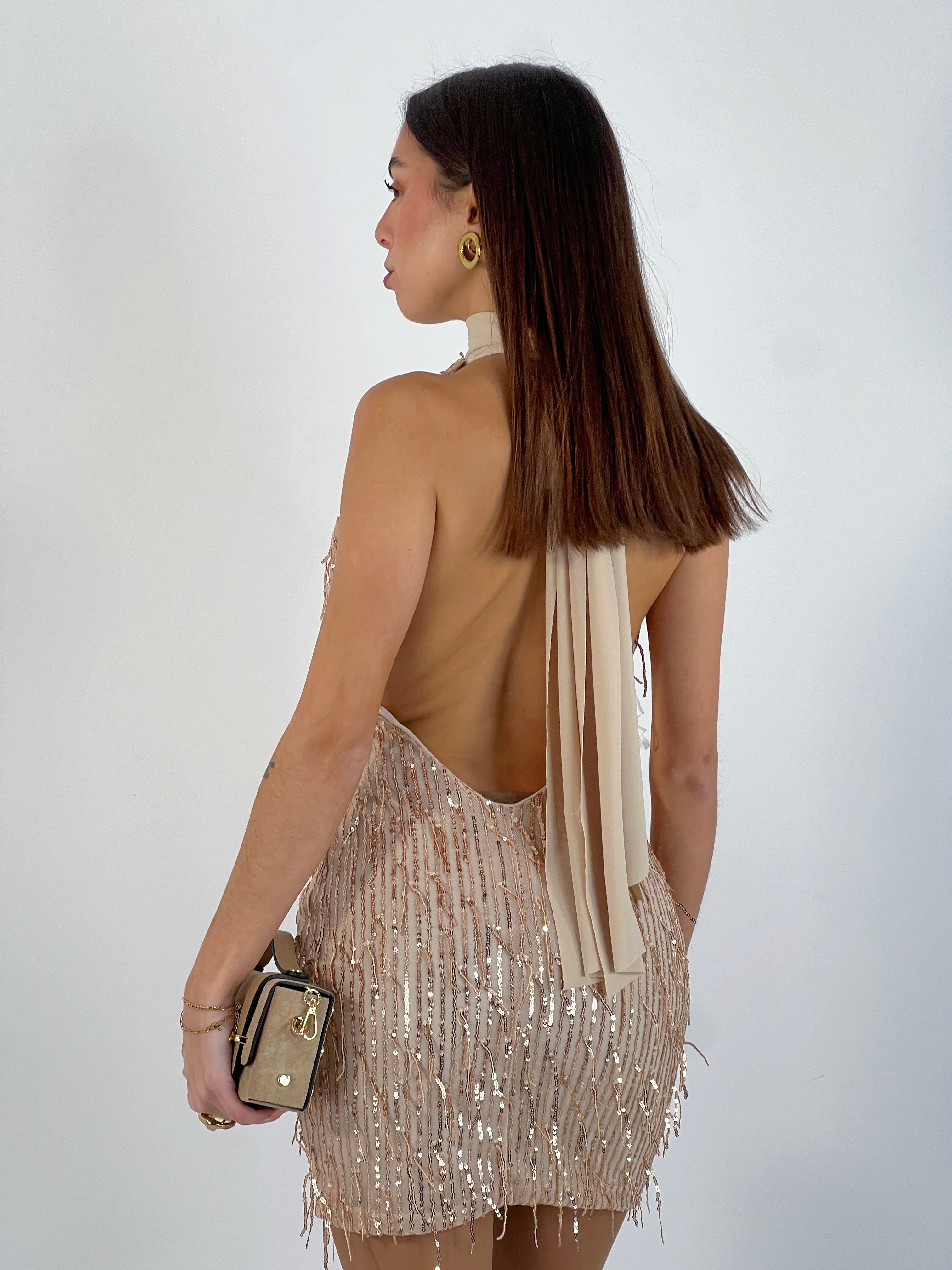 Vestido halter flecos lentejuelas